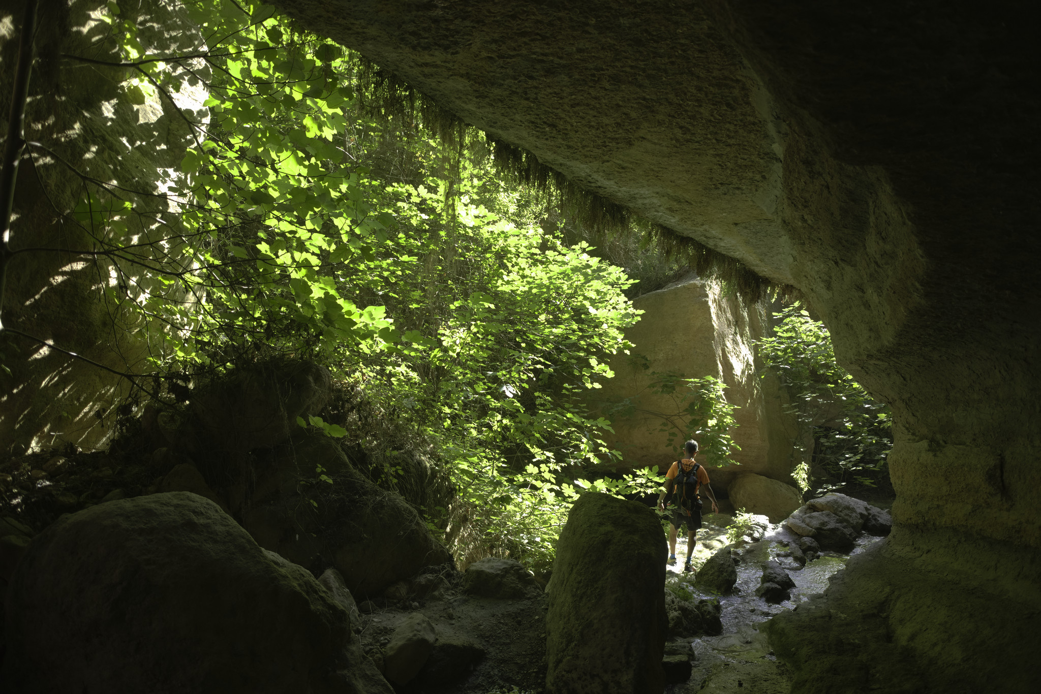 A overhung cave entrance in shadow with green foliage and a hiker dressed in orange beyond