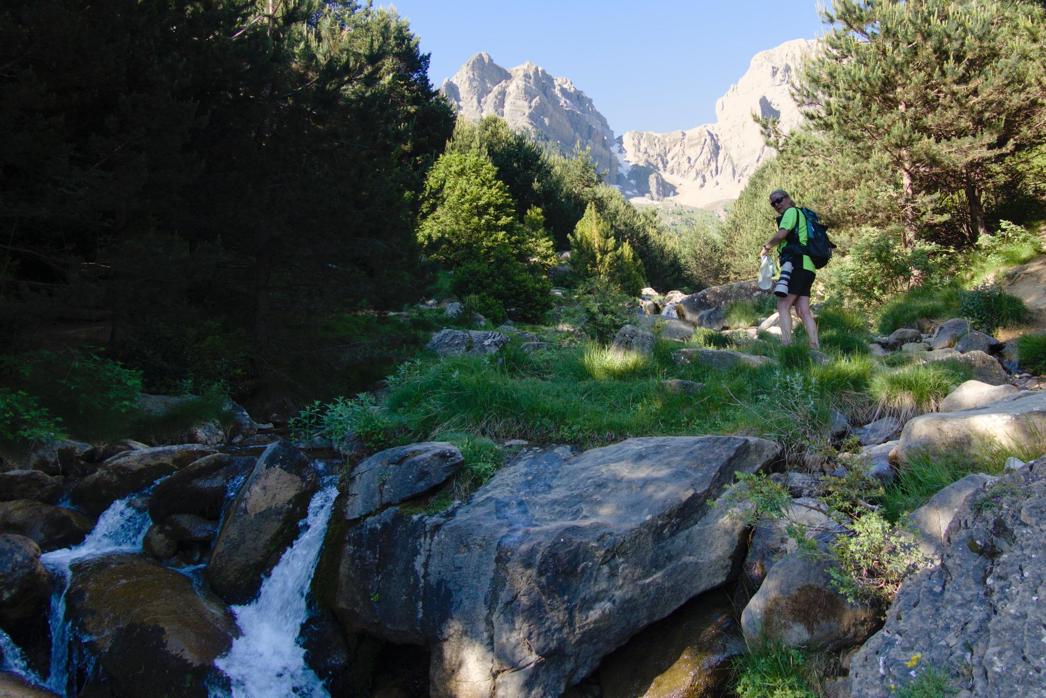 A person in green stands above a small waterfall. Beyond rise rocky mountains