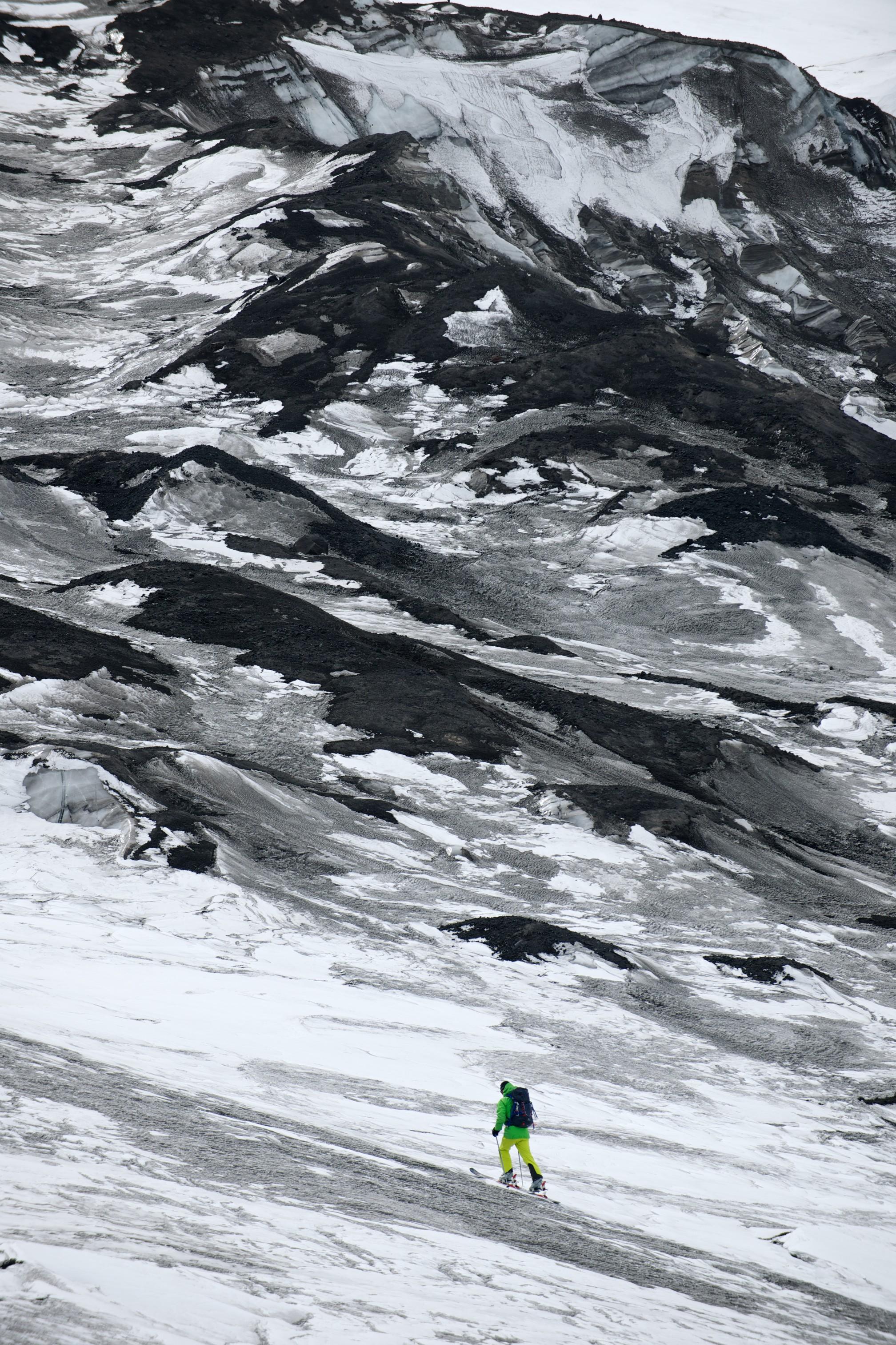 Skiing through the lunar like landscape resulting from snow, ice and volcanic rock/ice