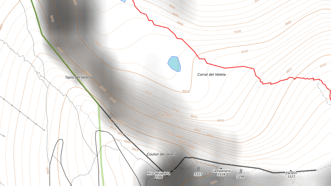 Shows a map screenshot of the Coral del Veleta or Corrales del Veleta (Open Topo Map)