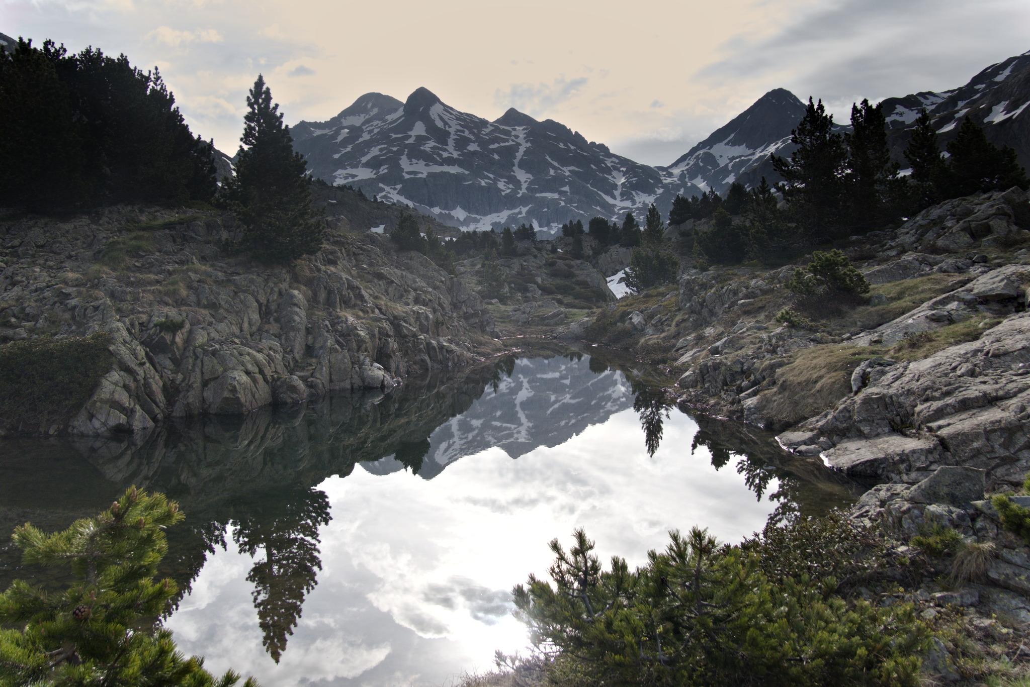 The trees, mountains and clouds of the background are reflected in a small lake.
