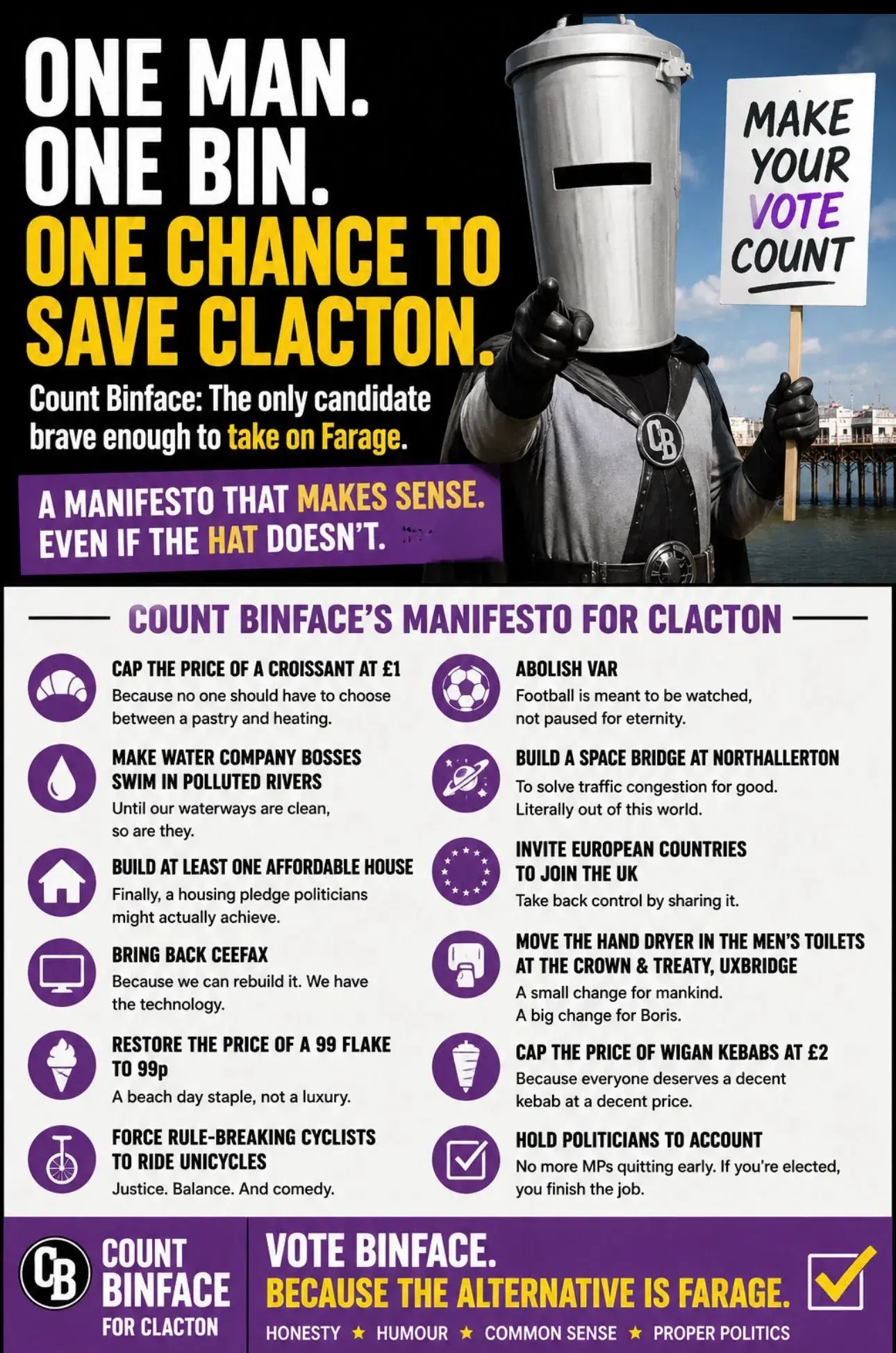 A party political manifesto for Count Binface in Clacton, UK