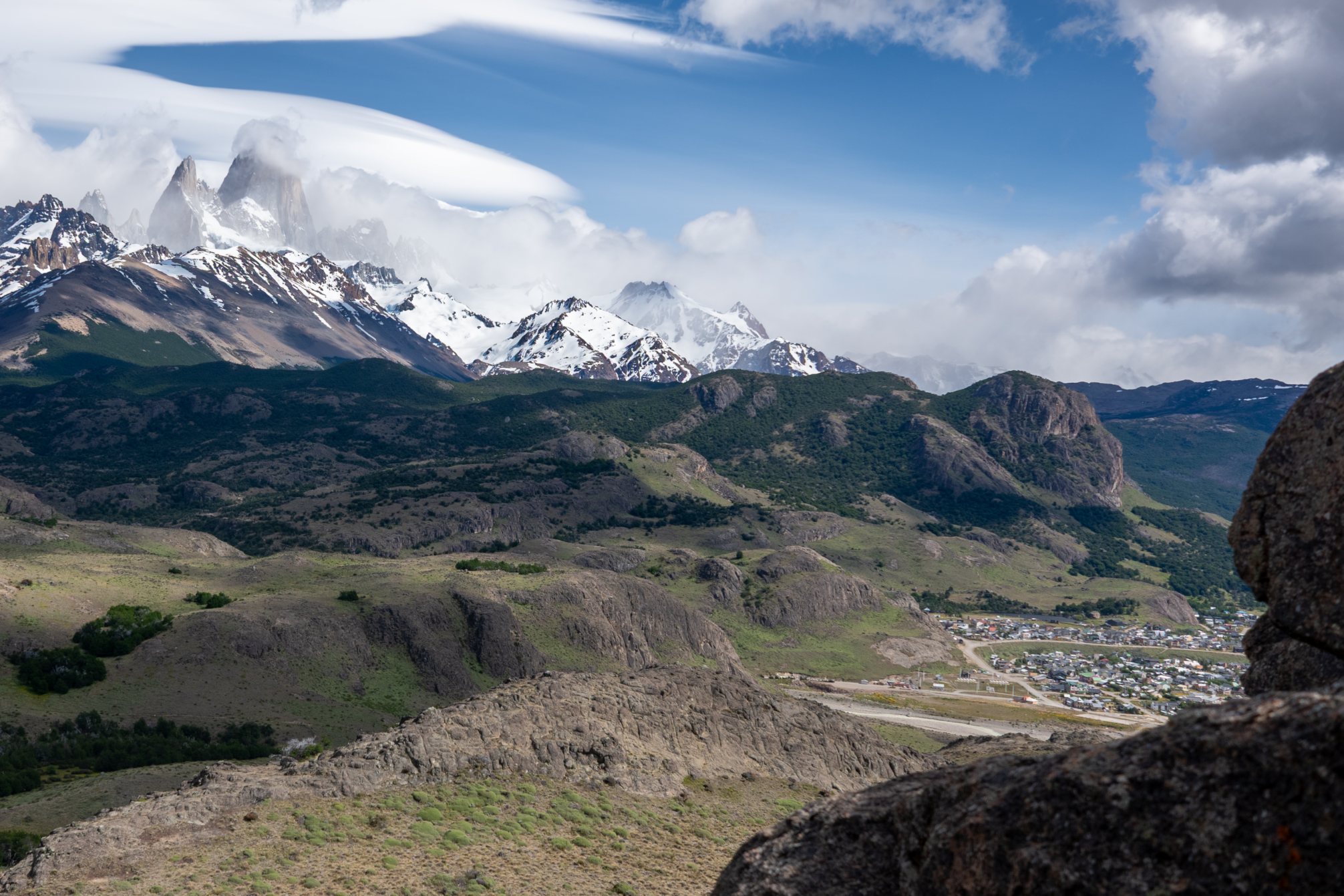 Huge lenticular cloud over Mt Fitzroy. El Chalten in the valley to the right