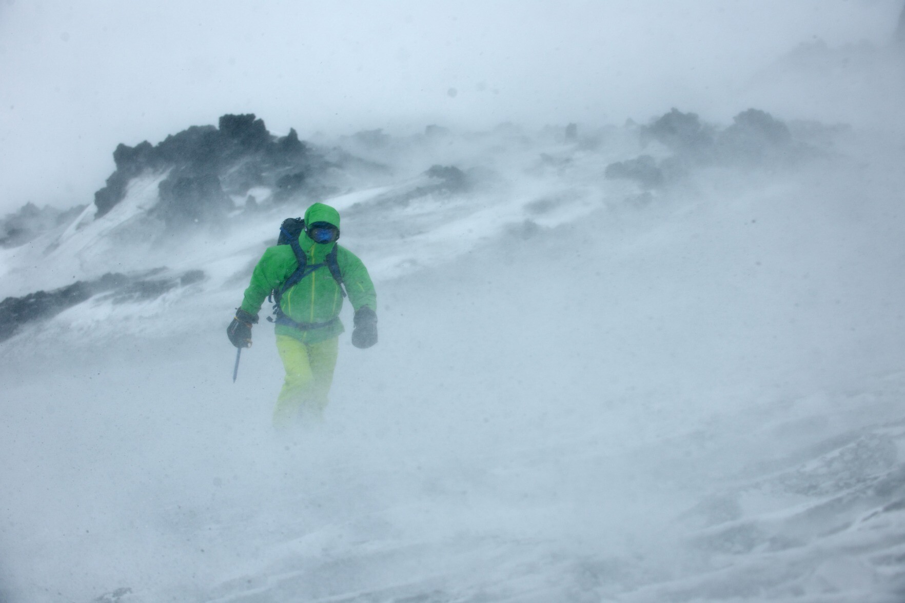 Person struggling through a snow blizzard in Kamchatka