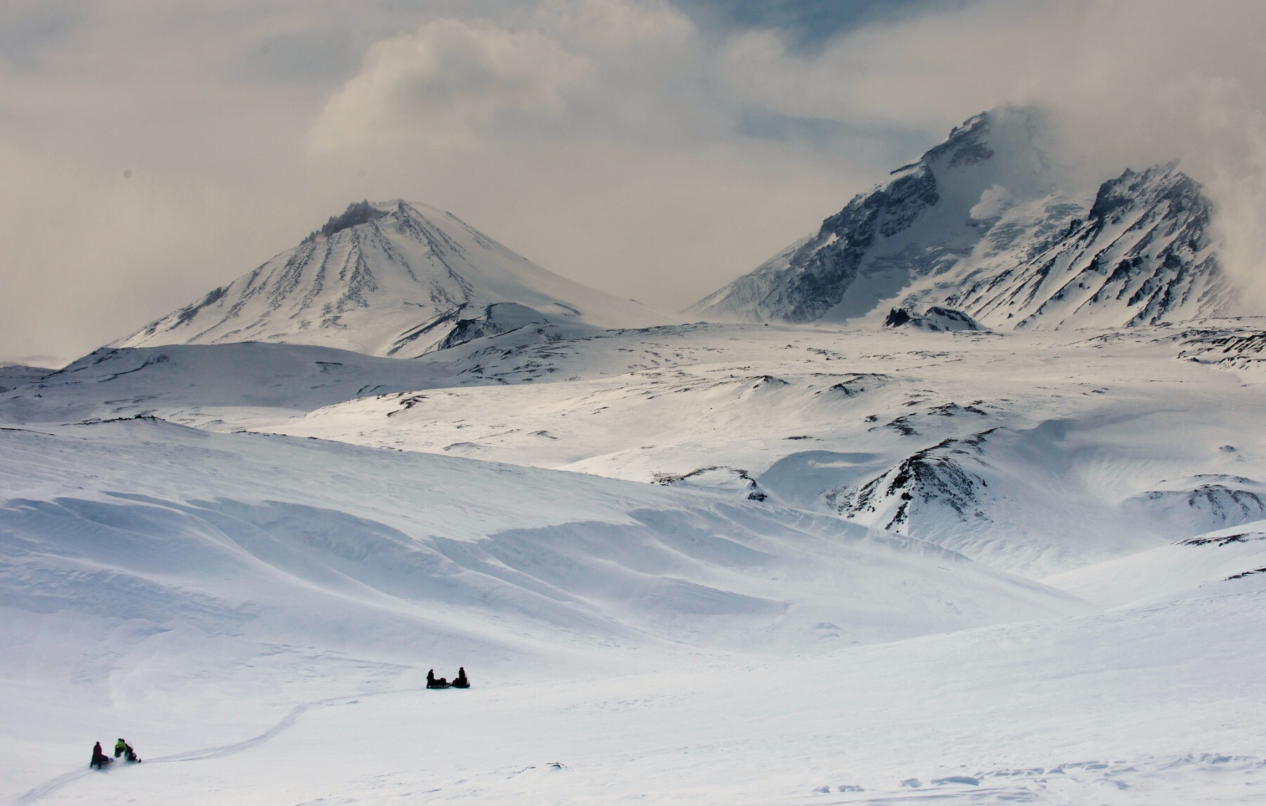 Approaching a pass where we left the snowmobiles in Kamchatka