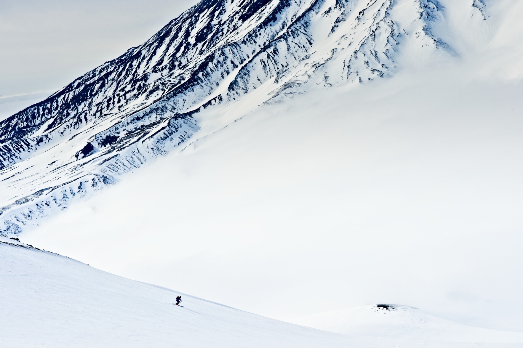 Skiing down the side of Klyuchevskaya Sopka in Kamchatka