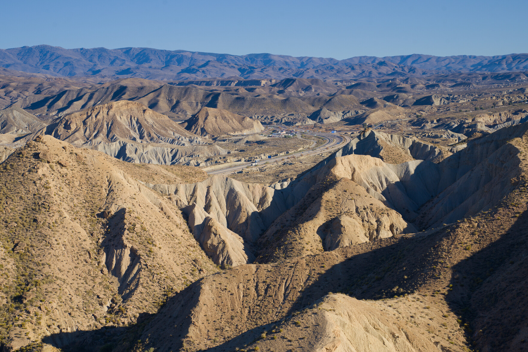Early morning sunlight in the Tabernas desert badlands in Almeria Spain