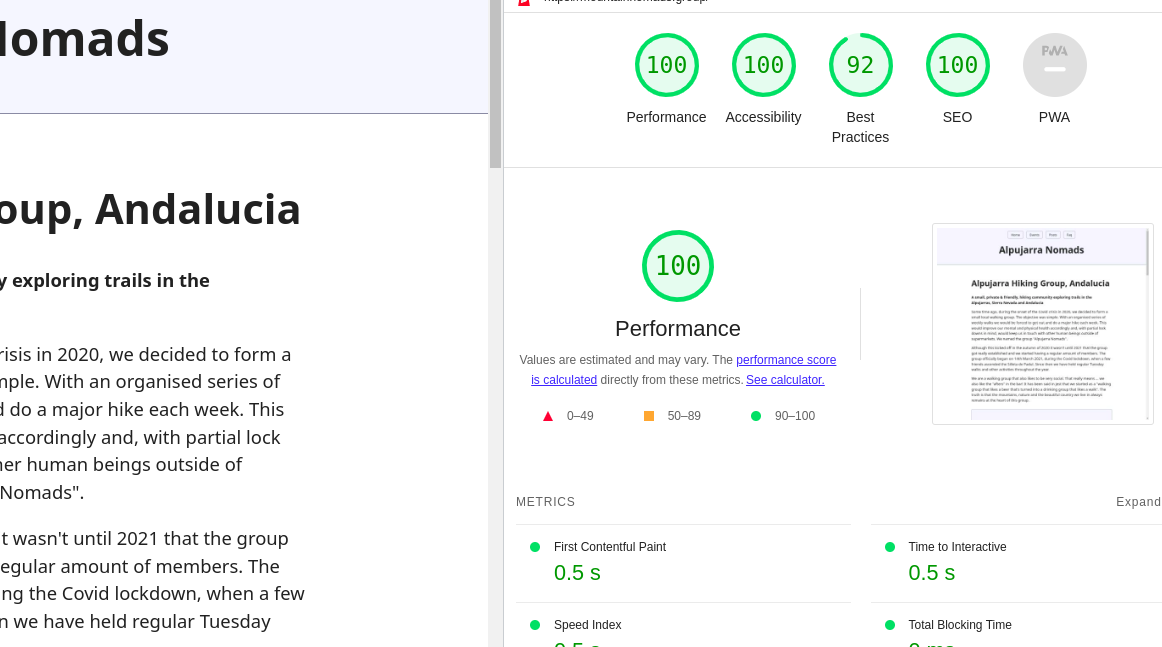 A lighthouse developer score screenshot.