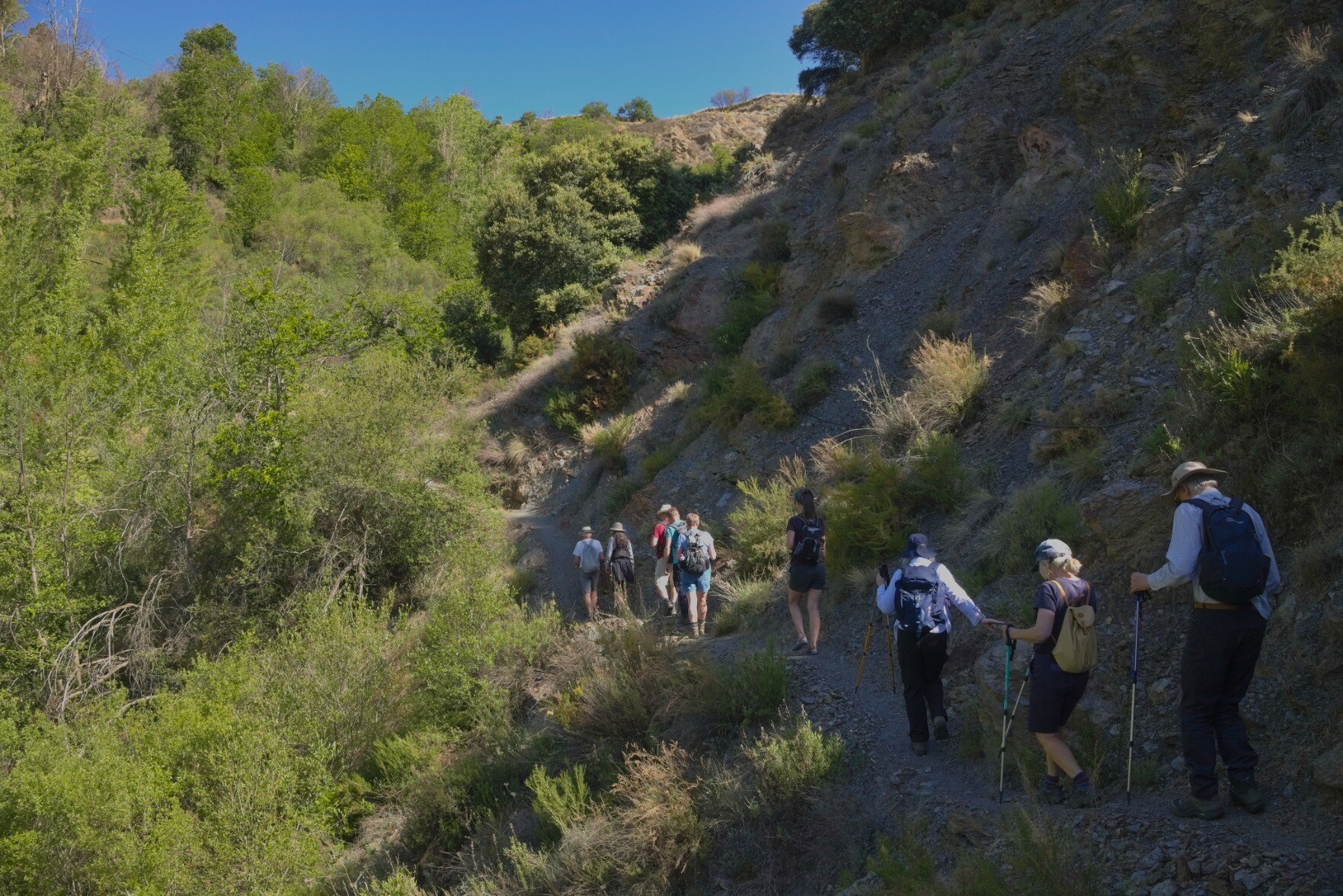 Some hikers on a path on the right passing along a green, tree lined valley, blue sky above