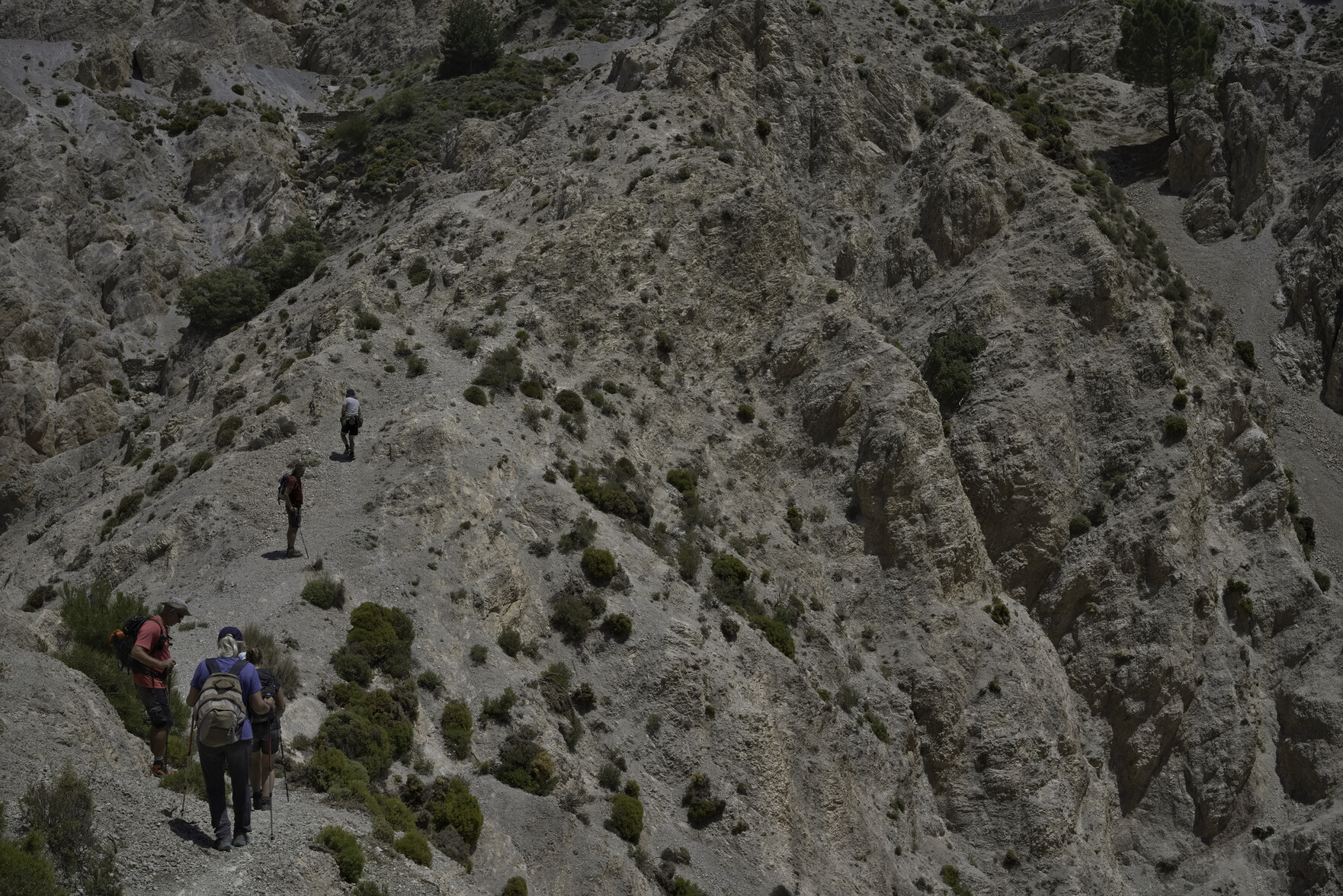 Hikers on the left stand on a narrow path whilst to the right cliffs drop off into an arid basin
