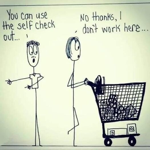 Two pencil cartoon characters with one pushing a shopping trolly