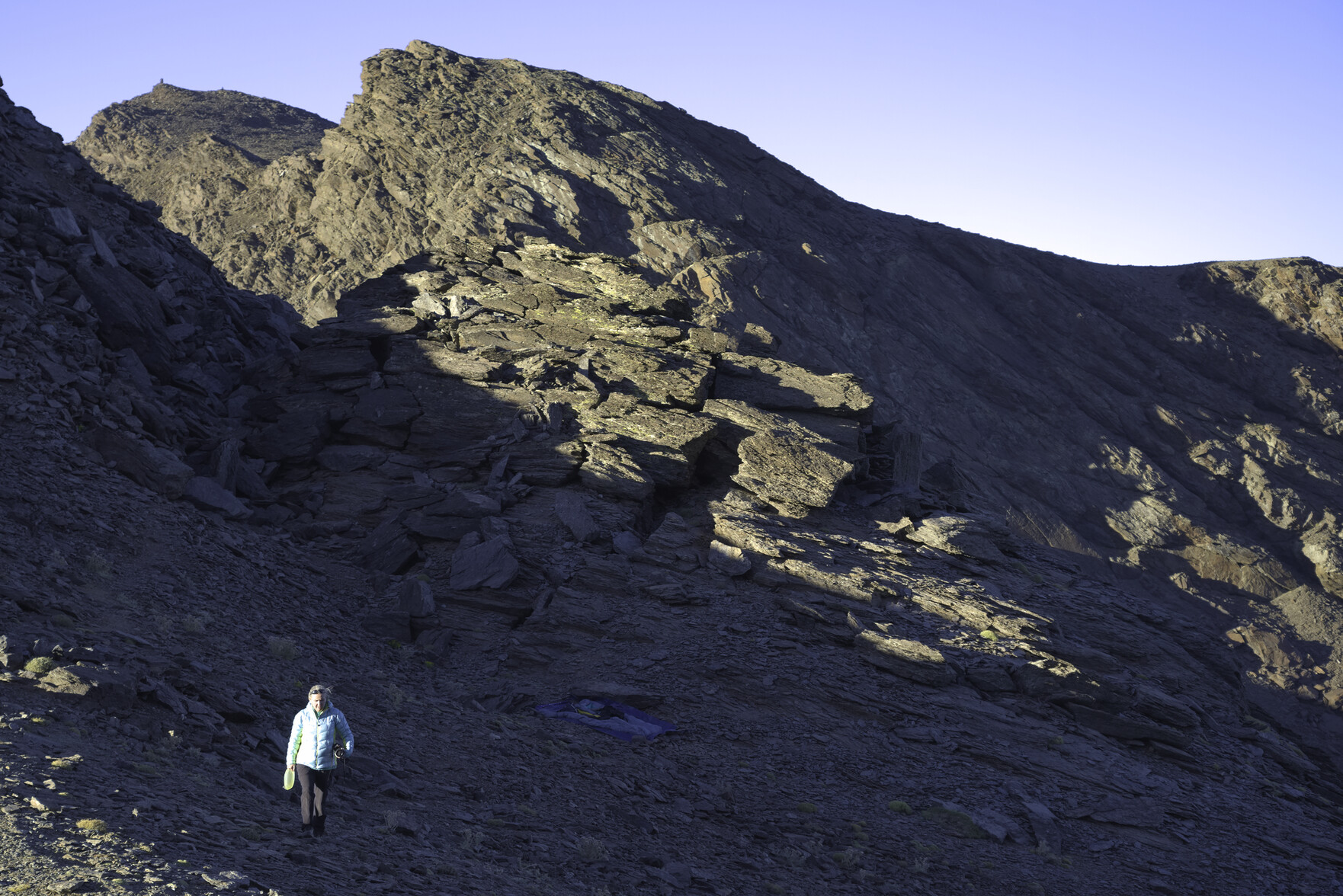 The location for our last mountain bivouac. Evening sunshine illuminating the mountain tops