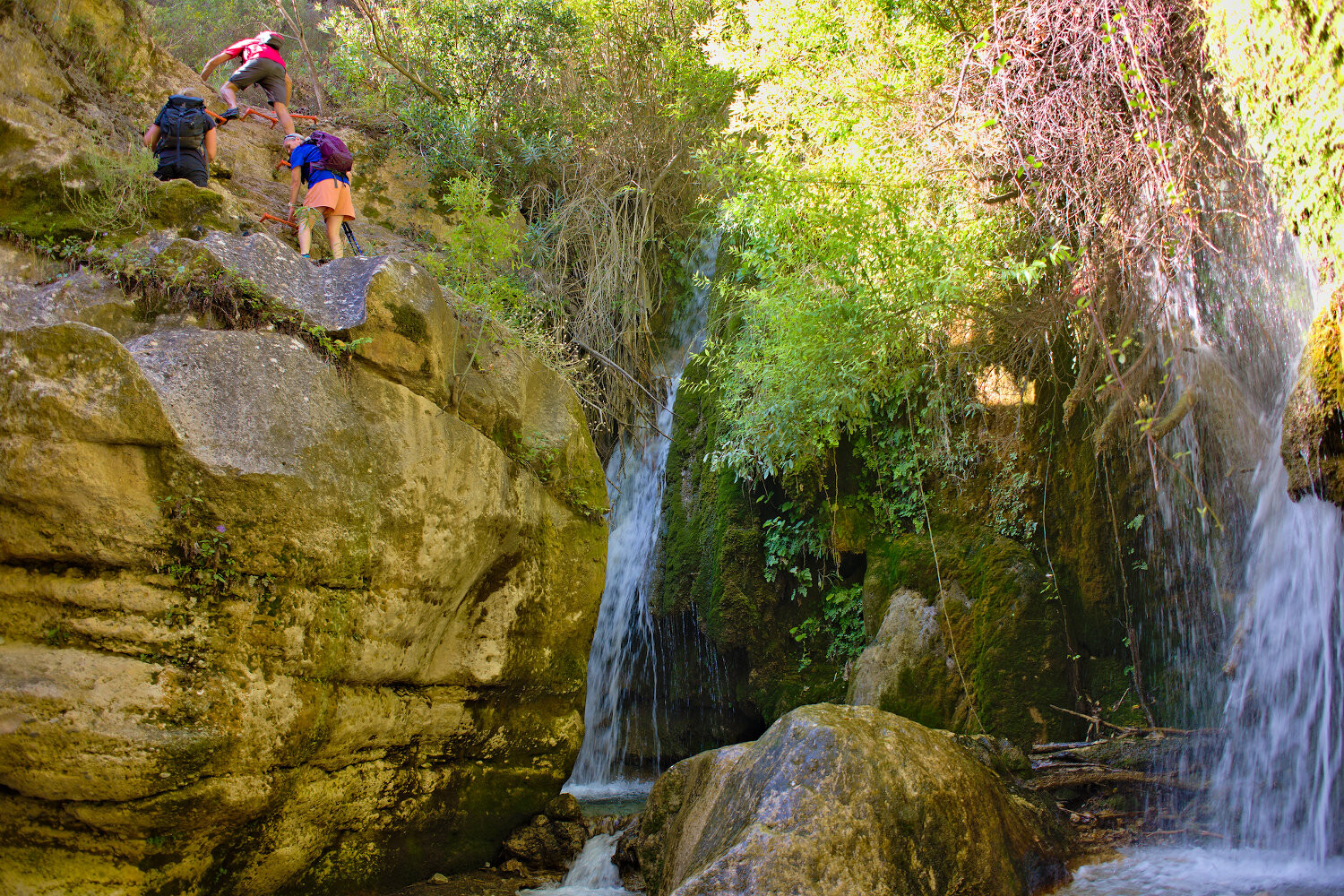 Hikers at the top left scale some ladders whilst below are two waterfalls. Lots of green vegetation abounds above.