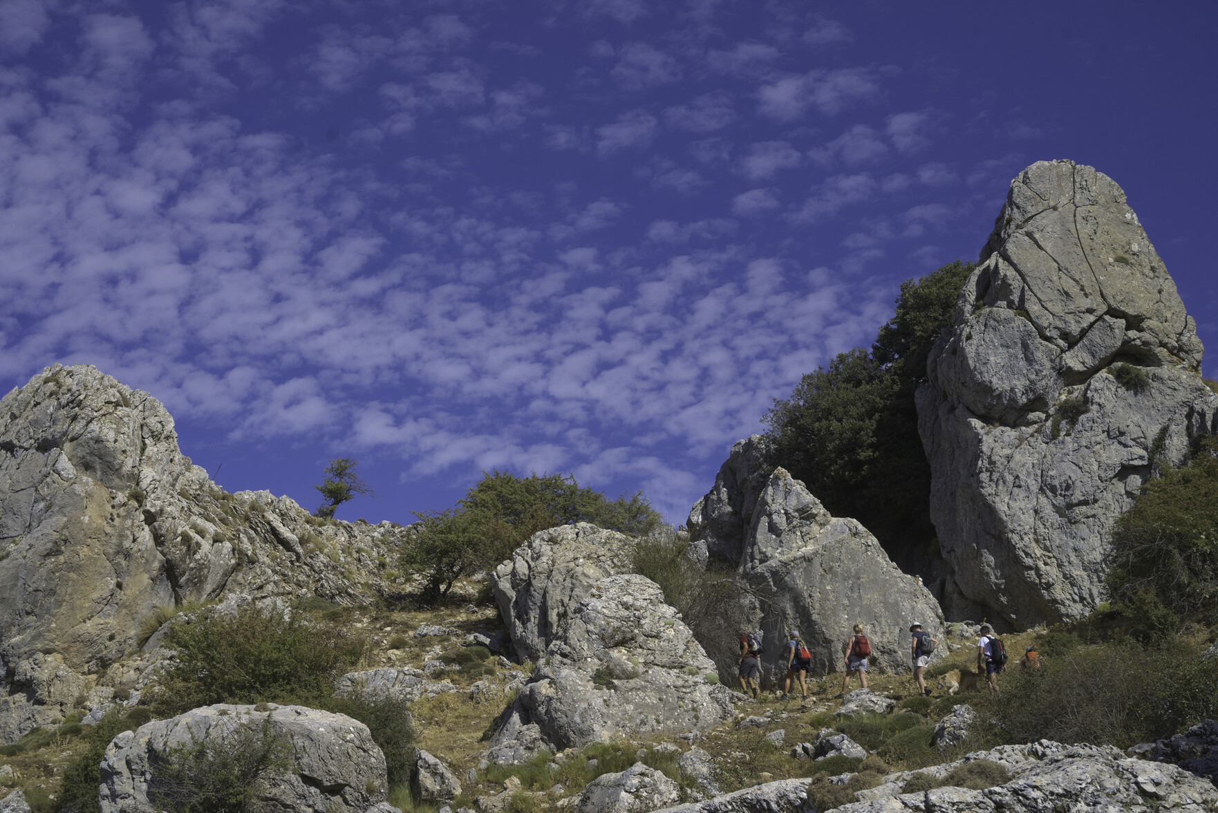 A group of multi coloured hikers walks beneath a beautiful blue sky covered with white mackerel clouds. Some large boulders dominate the scene
