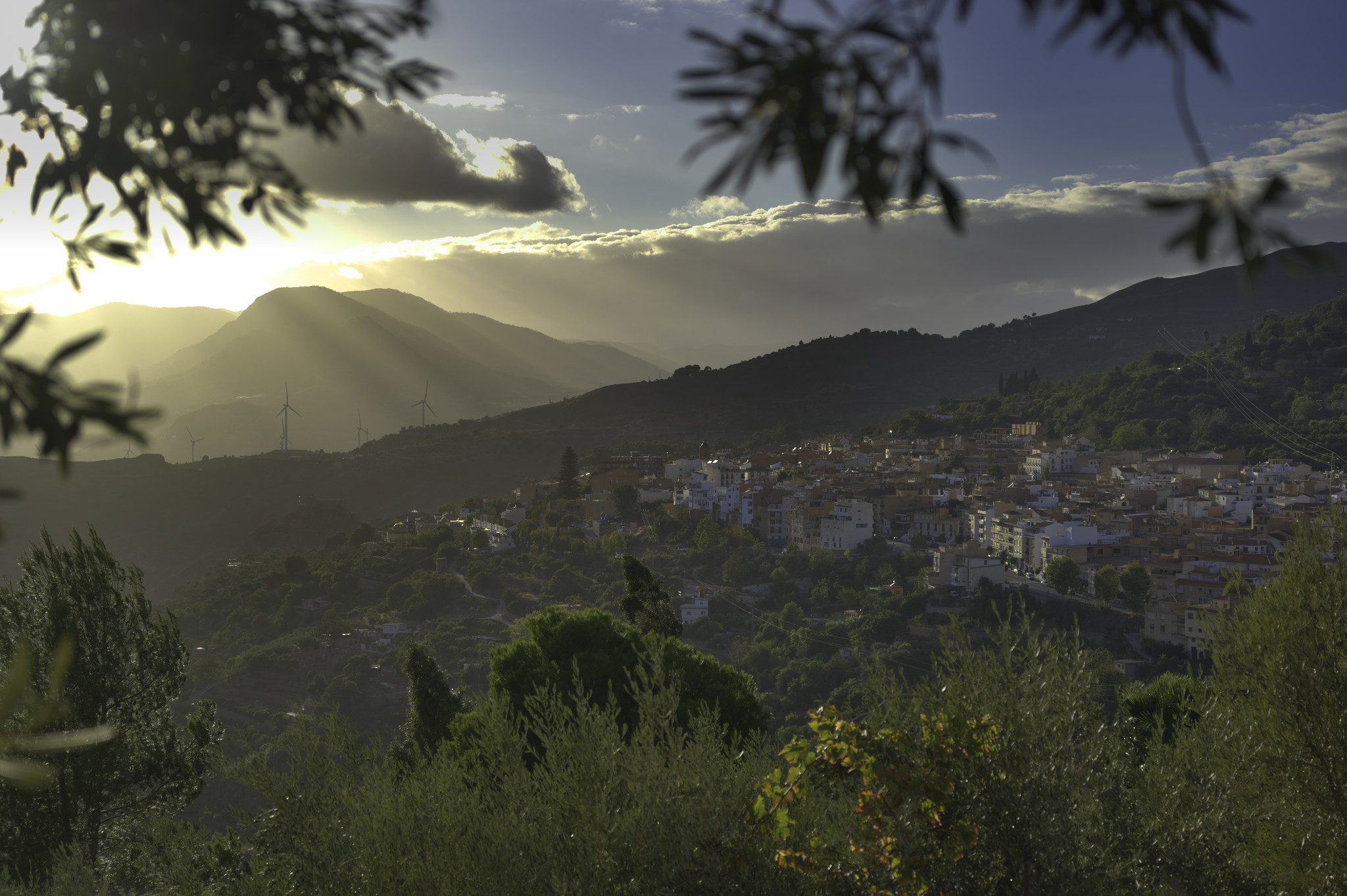 Olive trees frame the scene of a small spanish town highlighted in the evening sunshine. To the left and rear there are a range of mountains with sunshine passing by them