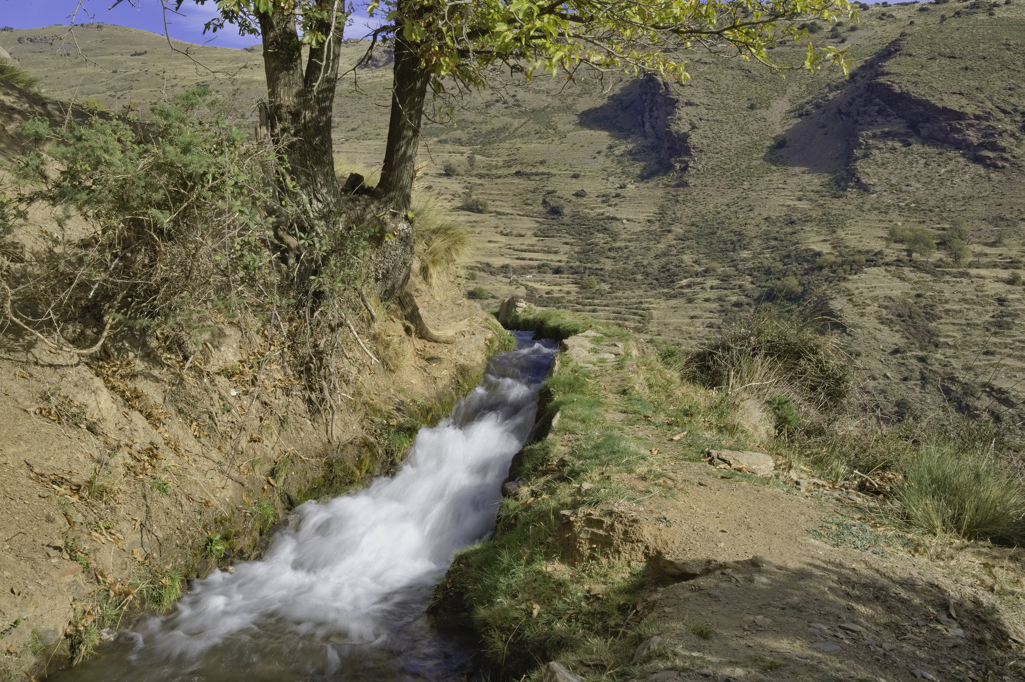 A narrow "acequia" "irrigation channel" takes water from one valley to the next along the mountainside.