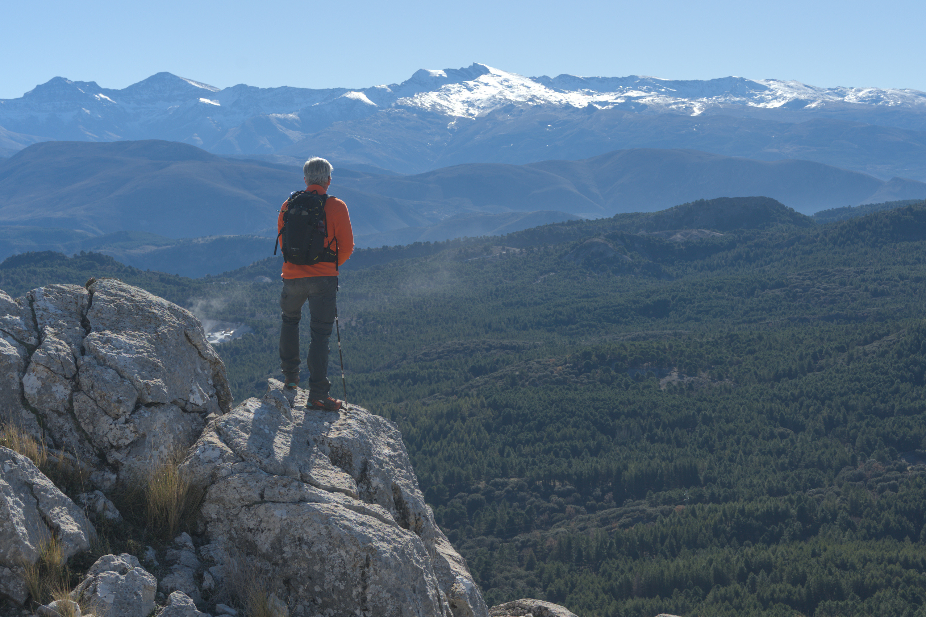 A person with orange jacket is stood on a rocky limestone outcrop looking towards some distant mountains which are snow covered. Dark green pine forests lie between