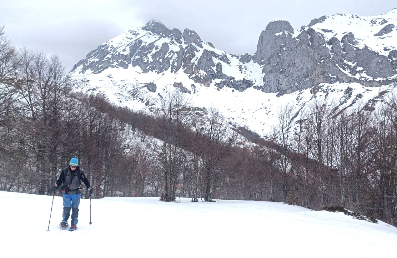 A person with a blue hat snowshoes through a winter mountain scene. Behind him ate high mountains