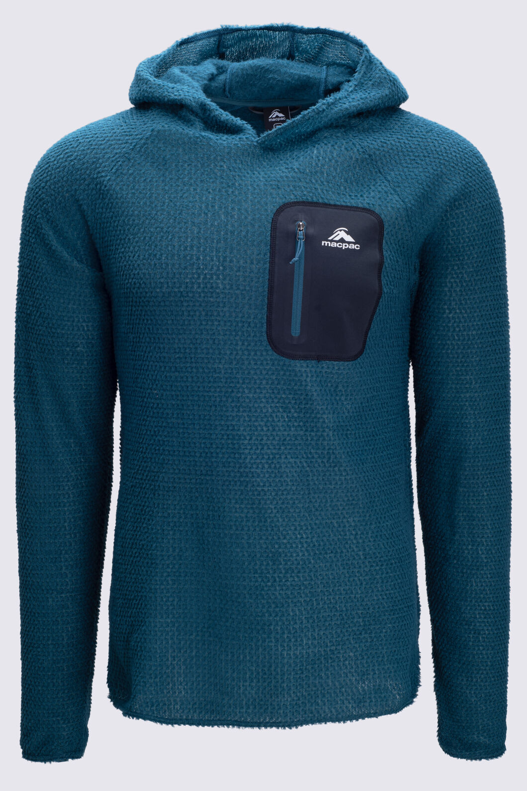 A blue/green coloured fleece hoody pullover with a pocket labeled "Macac" on the right side