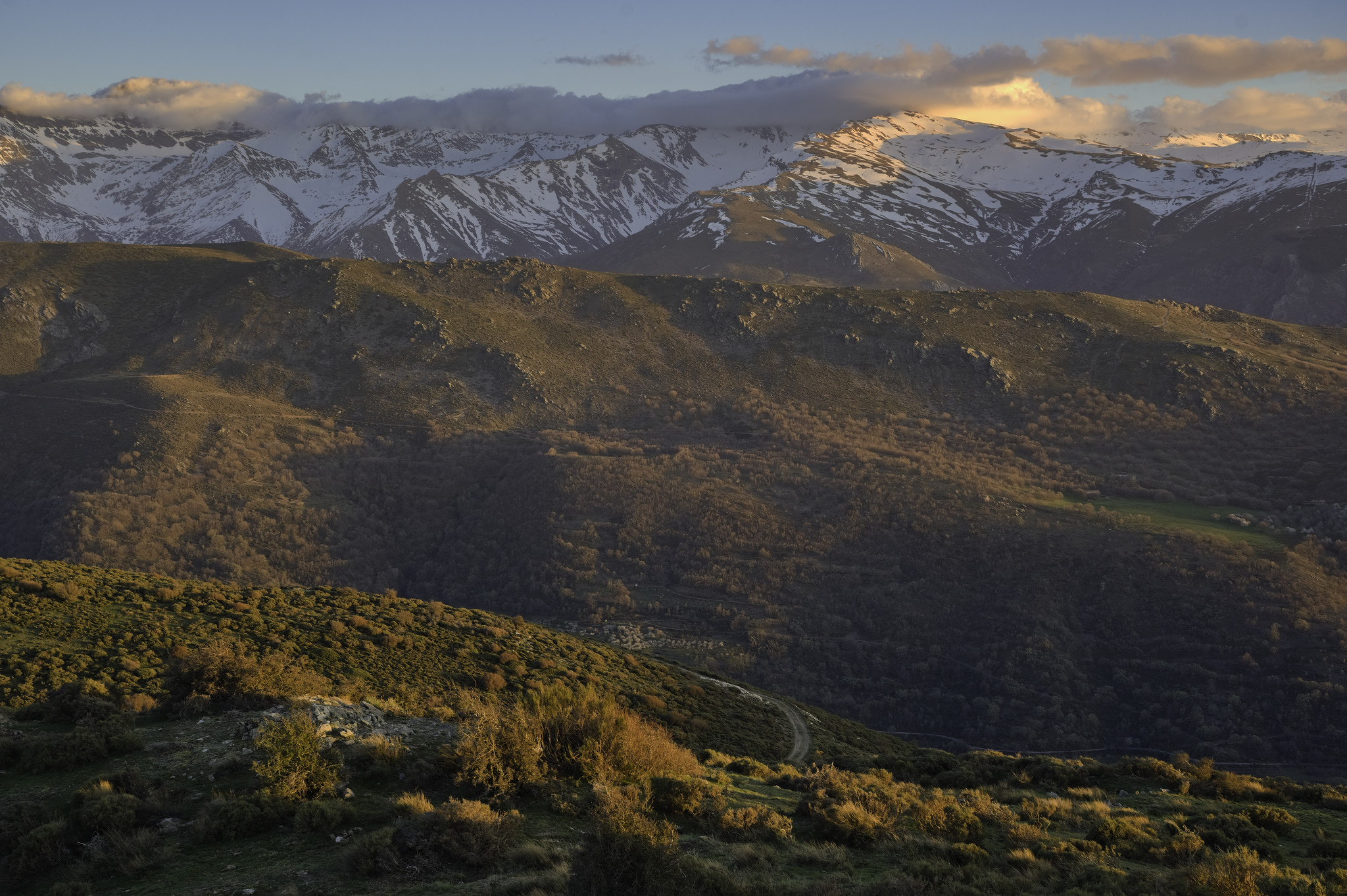Evening light stretching across hills towards some snow covered mountains that them selves have cloud around their summits