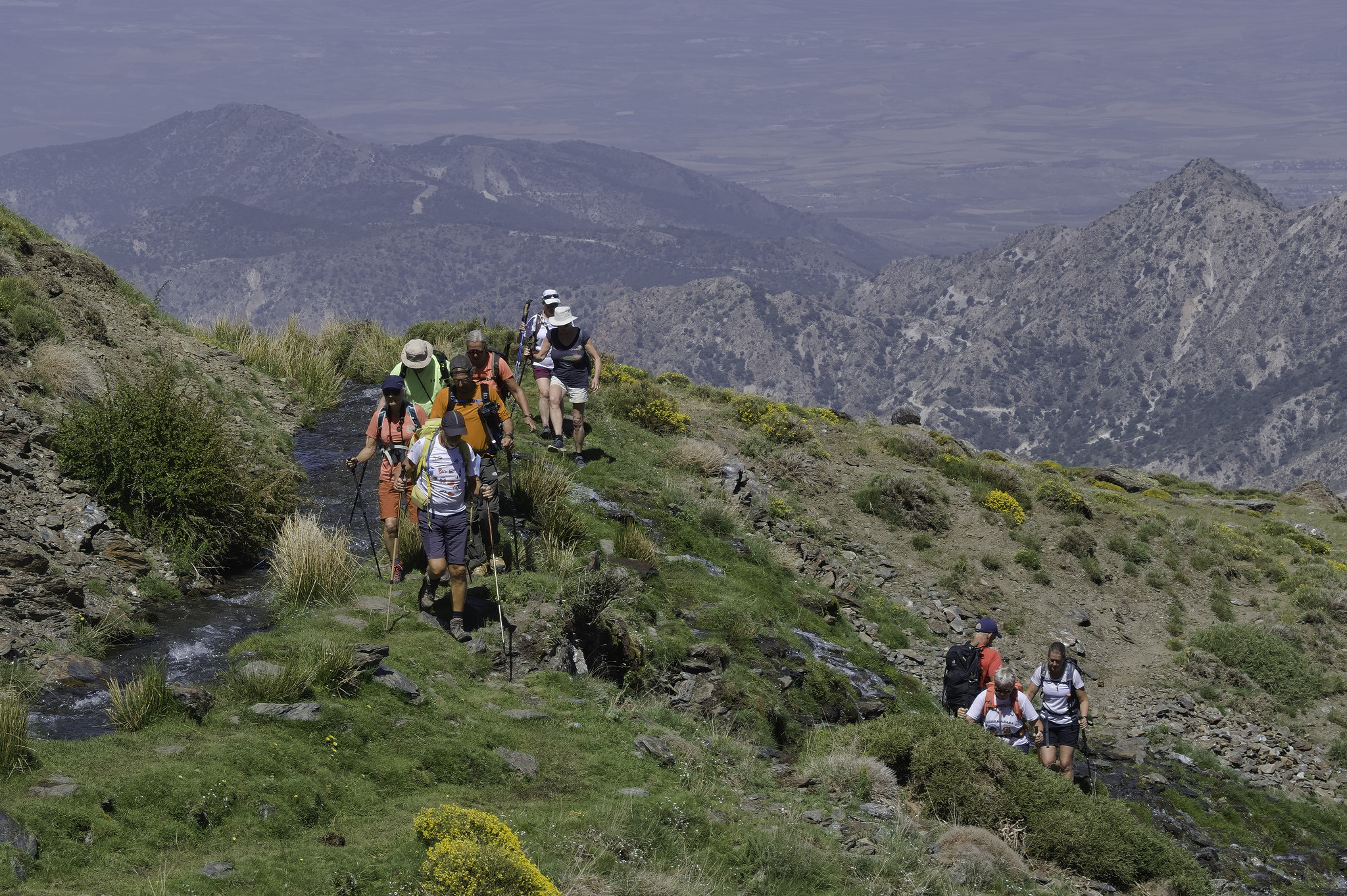 Hikers pass alongside a small stream with distant views to mountains