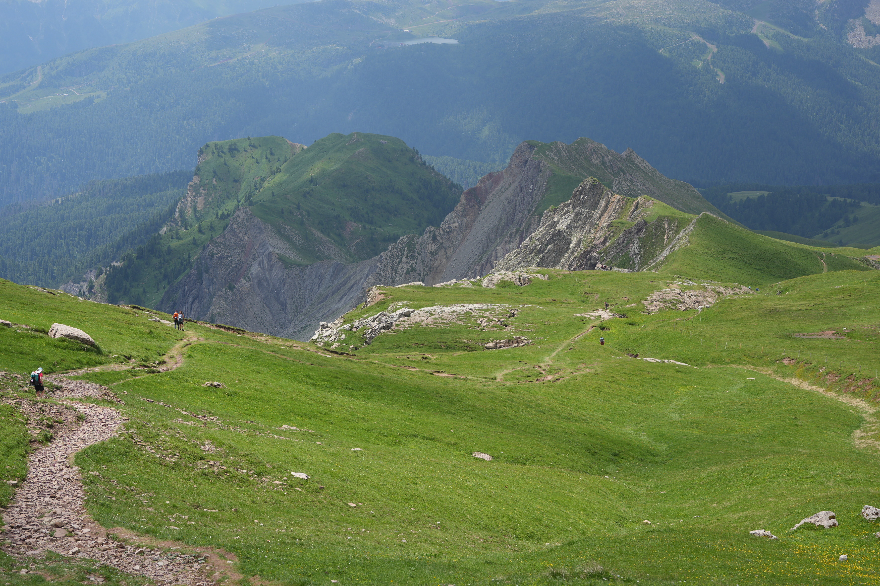 Descending through green alpine meadows