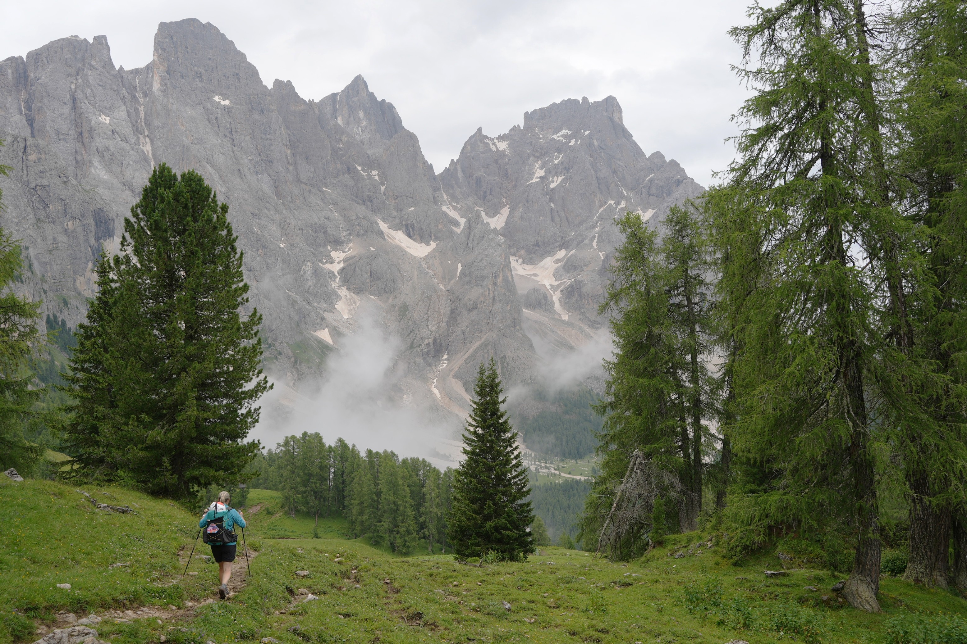 Starting the trail down through green pines and meadows to Passo Rolle. Above the hiker are dramatic rock faces