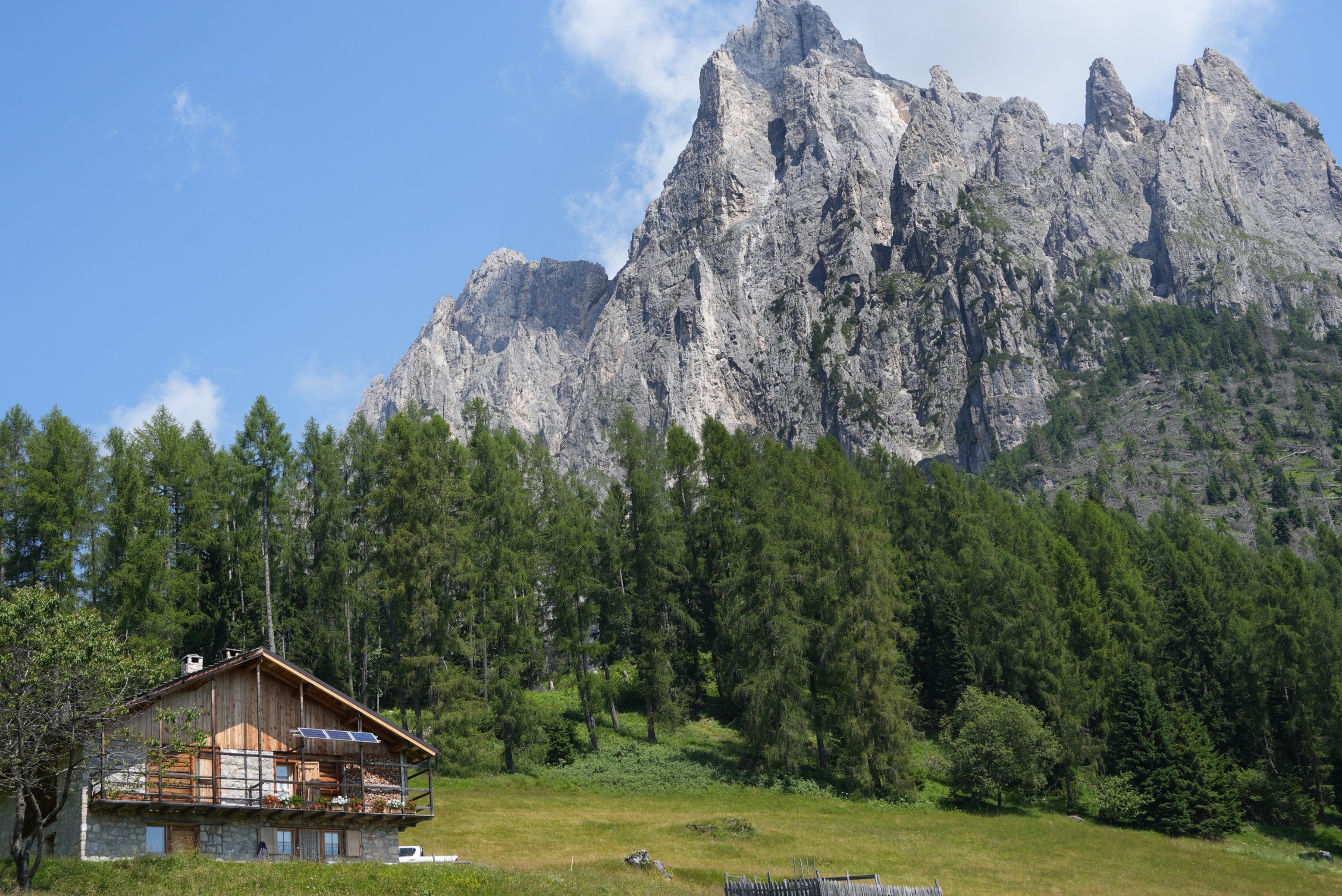 A house sits at the left hand edge of a green grassy alp with a curtain if pine trees behind. At the back on the right rises s huge grey limestone mountain