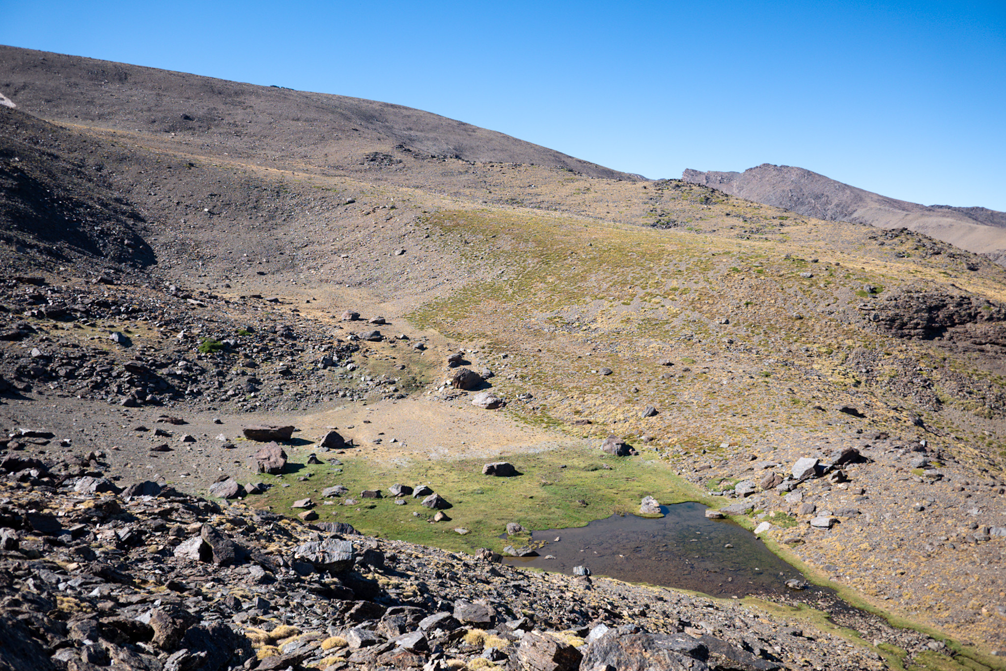 A small lake sits hidden in a rocky wilderness. The lake is surrounded by green grassy banks