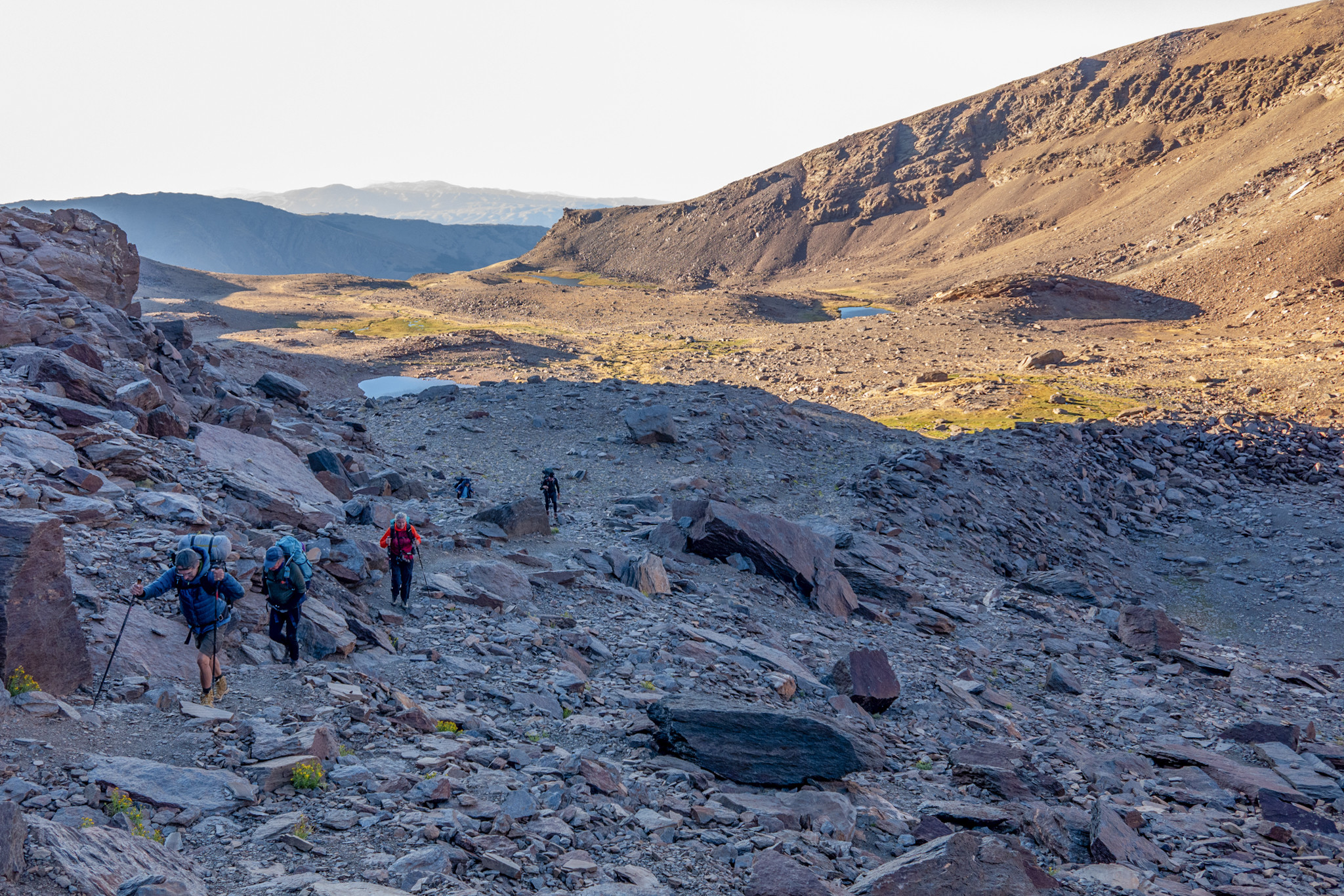 Approaching the scree gully of El Colaero from the lakes at Siete Lagunas
