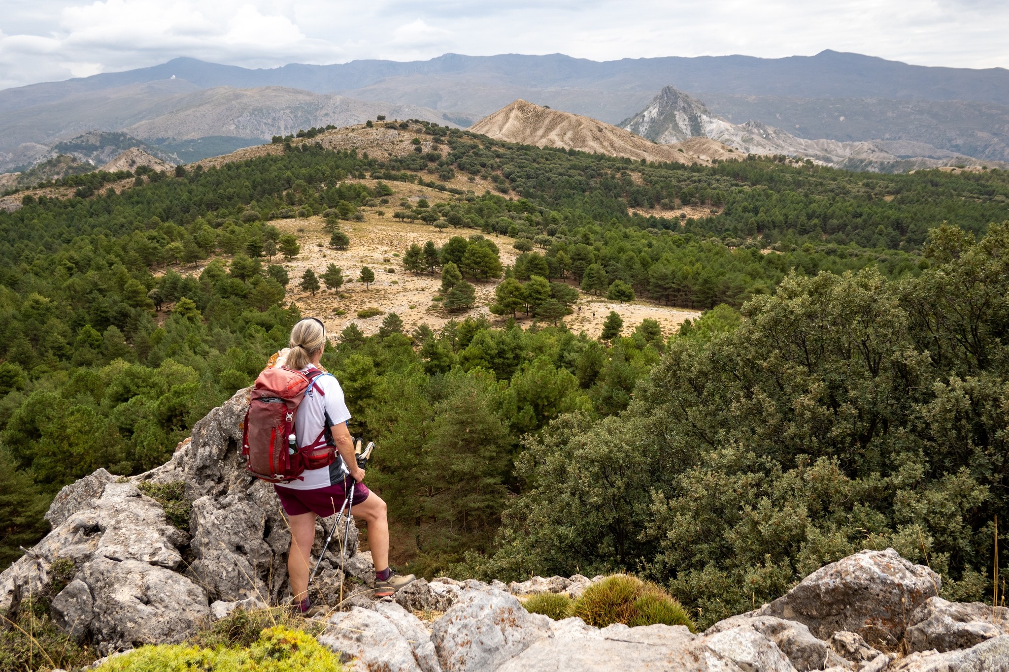 Looking out from the summit of Cerro Huenes towards the summits of Cerro Gordo and Pico de la Carne. Behind are the high Sierra Nevada