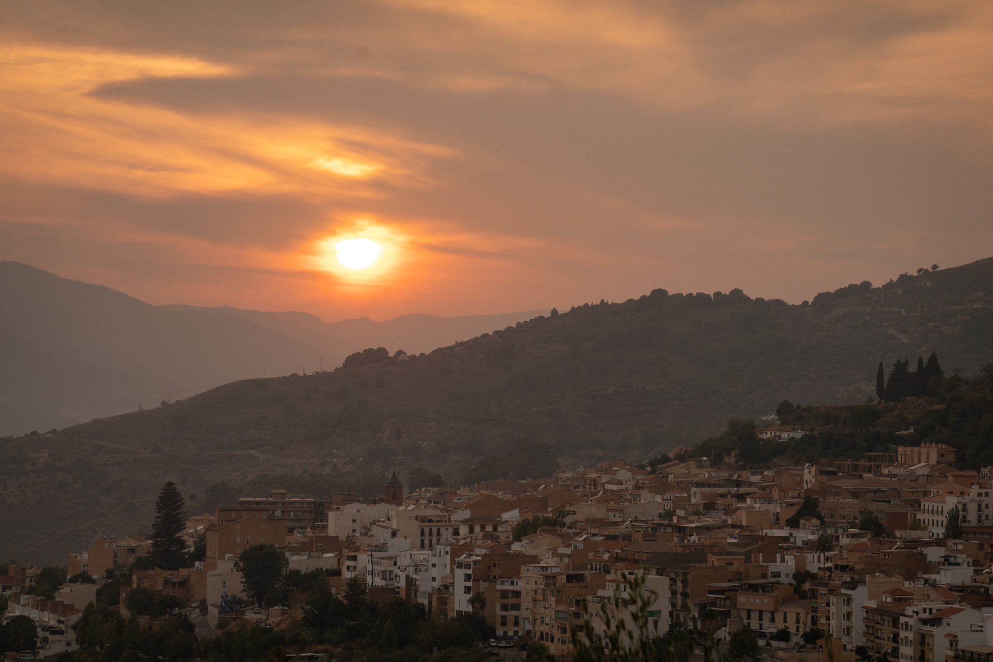 Beautiful evening sunset tonight over a town in southern Spain