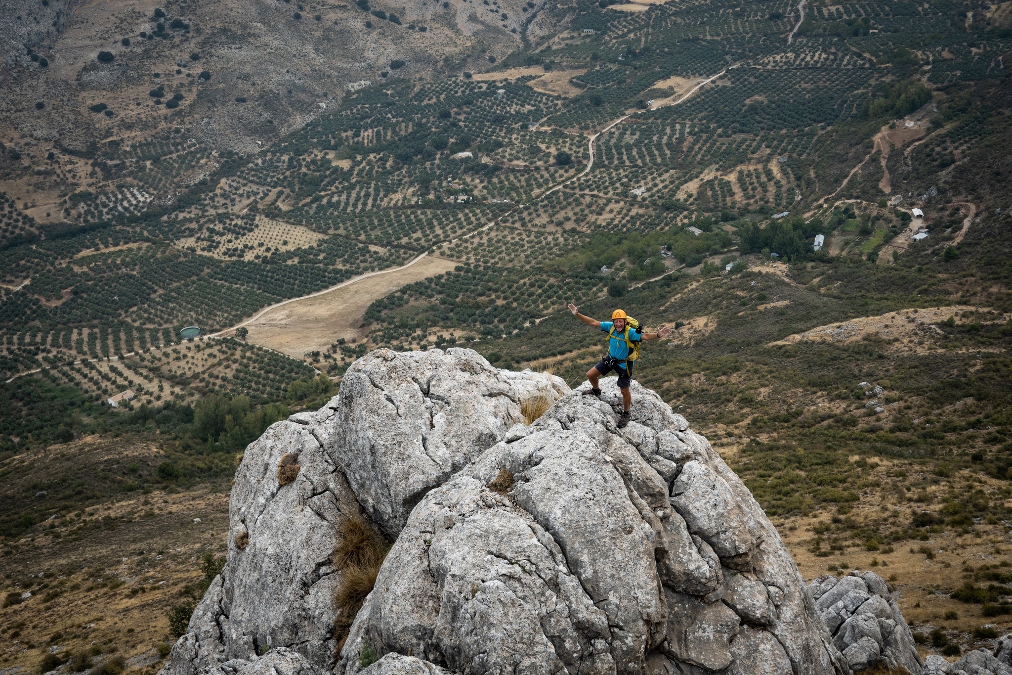 A person in blue stands on a small peak with vast olive fields below