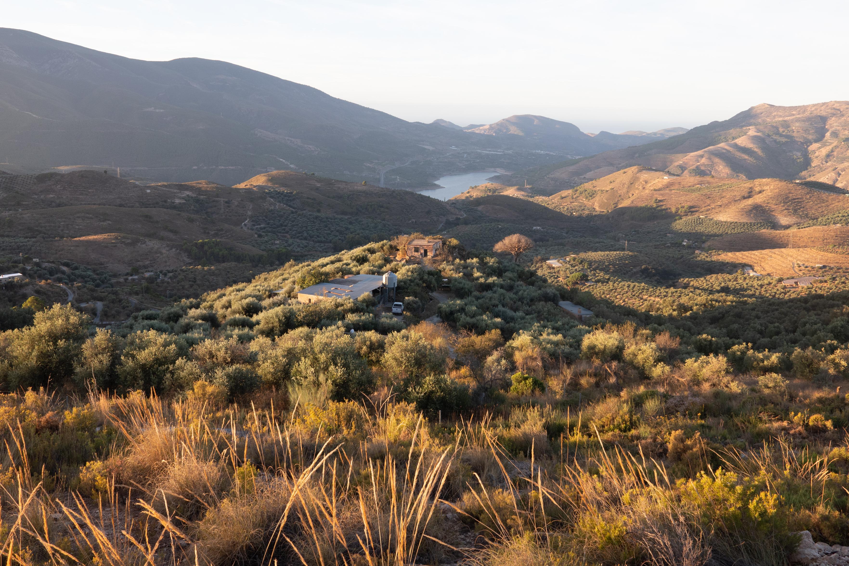 Orange colours of the morning sun spread across the landscape. In the center distance is a small house and in the far distance a lake