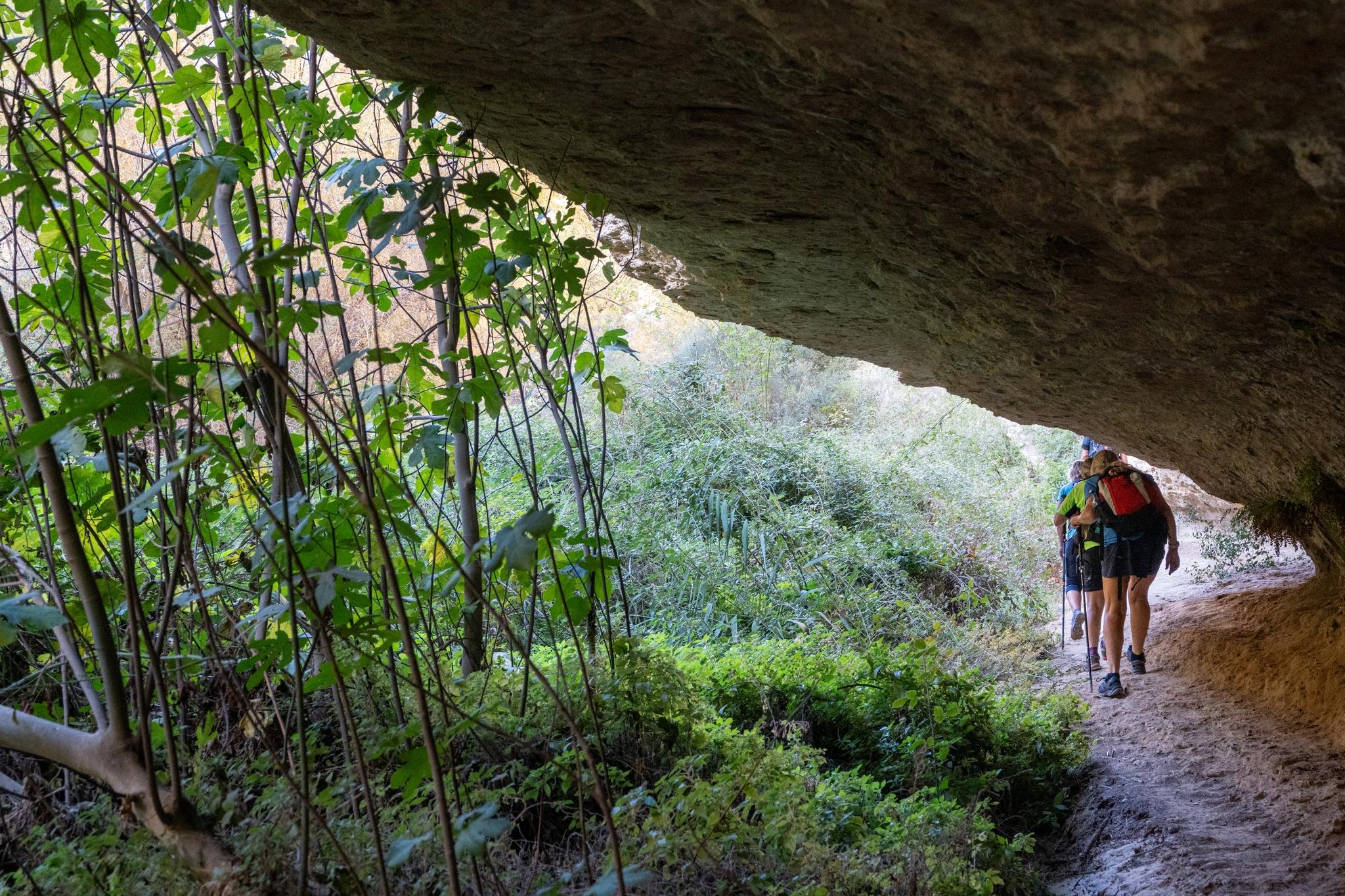 Some lush vegetation to the left. To the right there is an overhanging piece of cliff face through which a group of hikers are passing