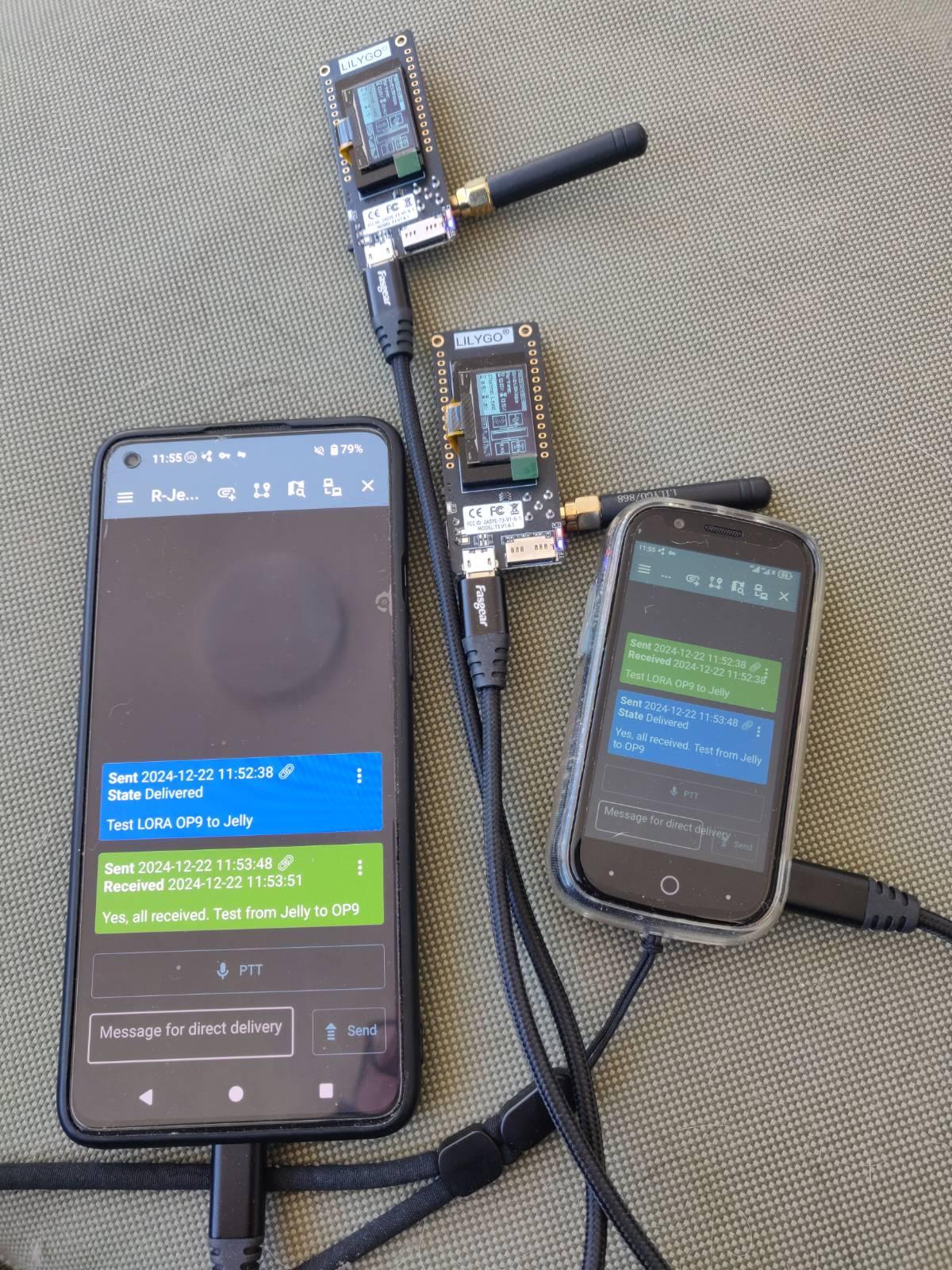 Two phones (large and small) are connected via cables to two small radio receivers