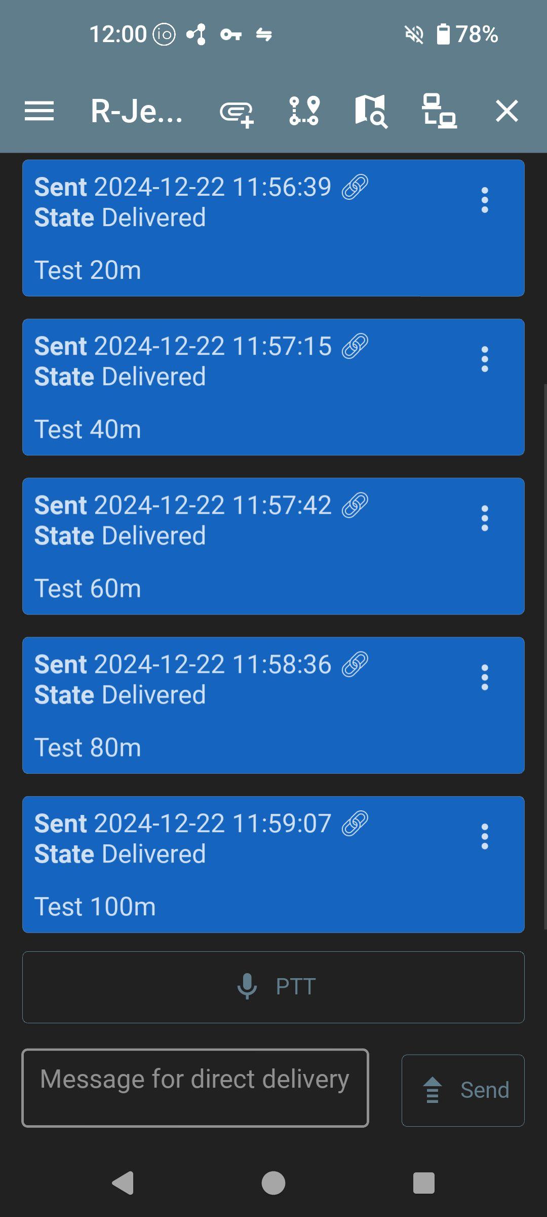 Screenshot showing delivery reports in blue stating the distance achieved in communicating.
