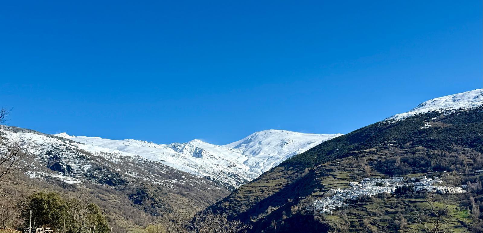 The upper half of the image is blue sky. Below are snowy mountains that drop down into a green valley with trees. There is a town on the right hand side of the valley