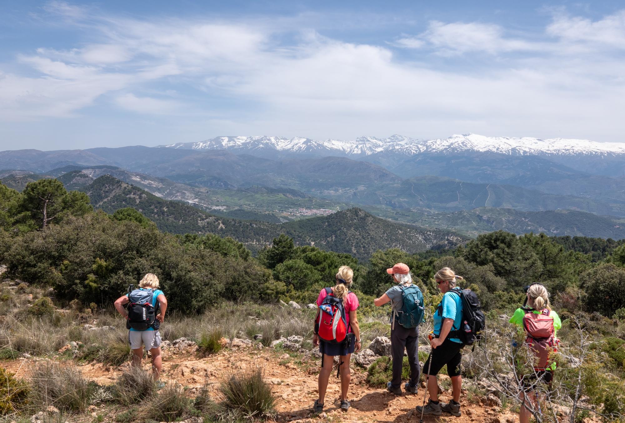 Group of hikers on a trail with a view south to a snow covered mountain range