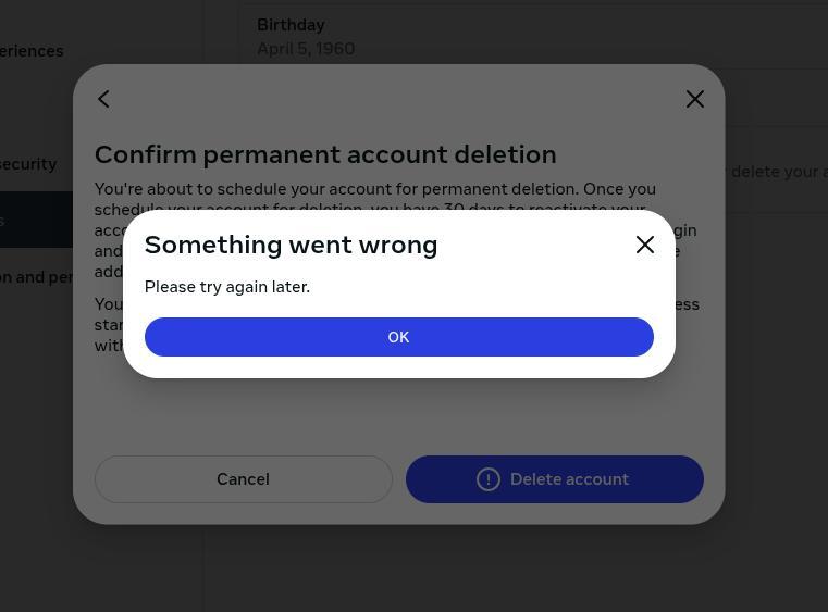 Message from Facebook about account deletion.
