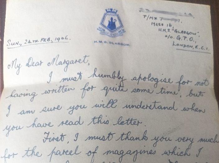 An old letter written in 1946 in handwriting with a letterhead from HMS Glasgow