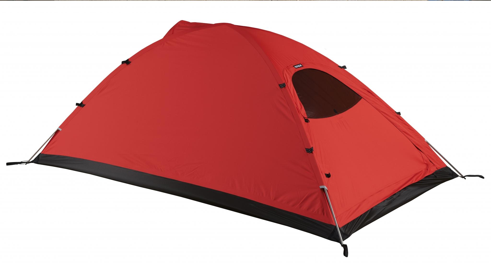 A red Crux Raid tent on a white background