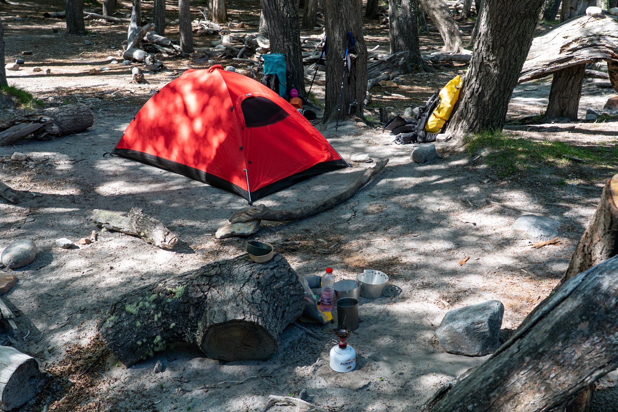 A forest campsite. Red tent. Rucksacks at the back and cooking gear at the front