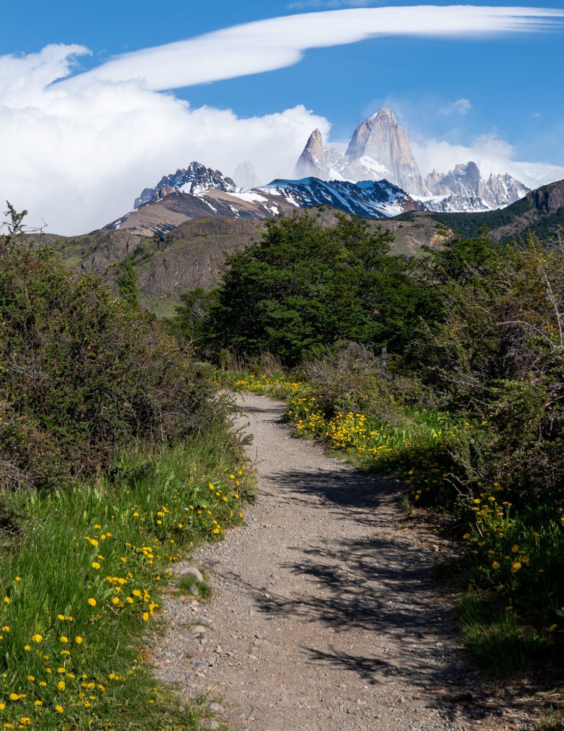 Oath into the mountains looking towards Mt Fitzroy and building white clouds
