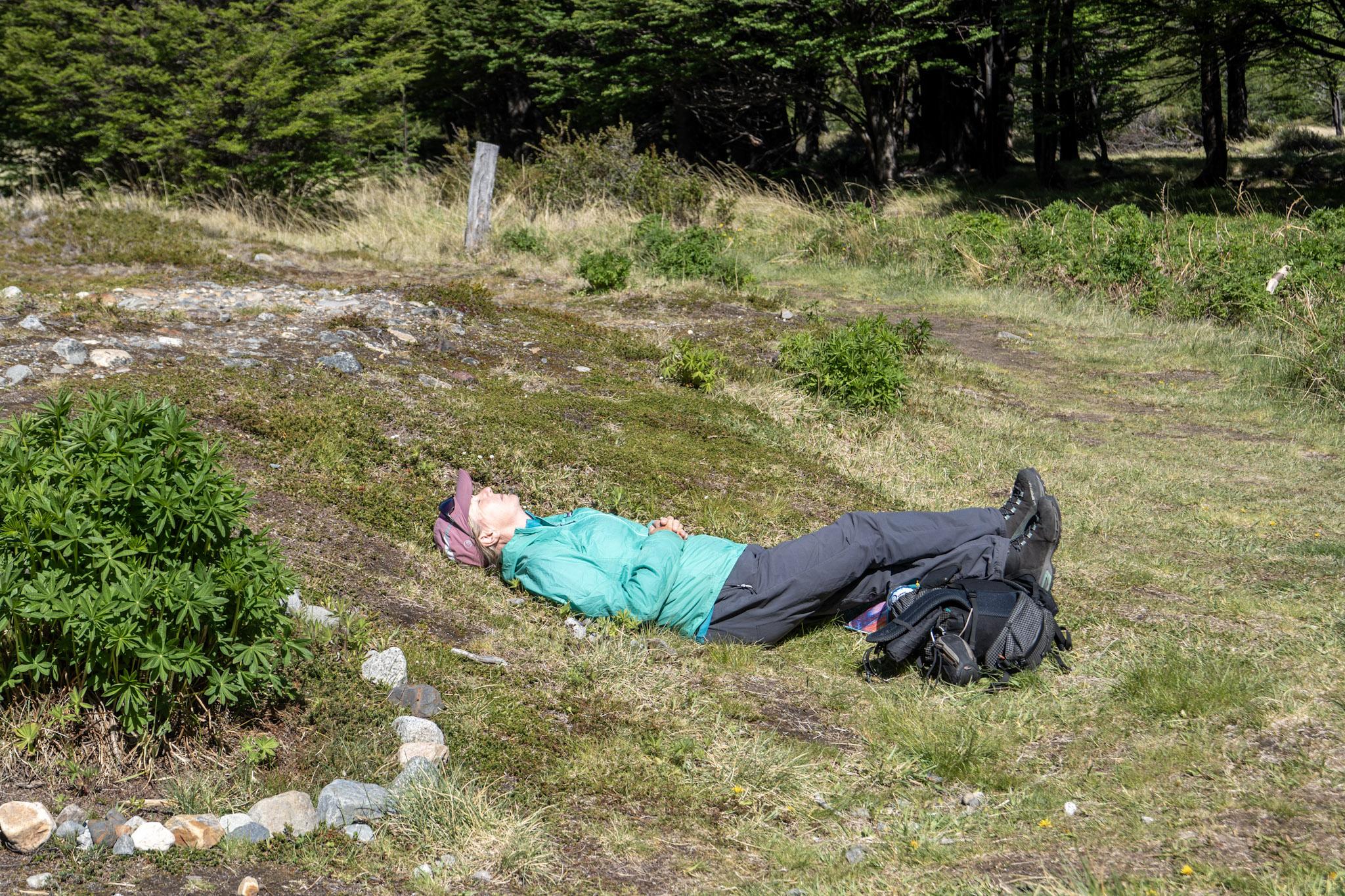 A person with lime green jacket stretches out to sleep on a grassy bank