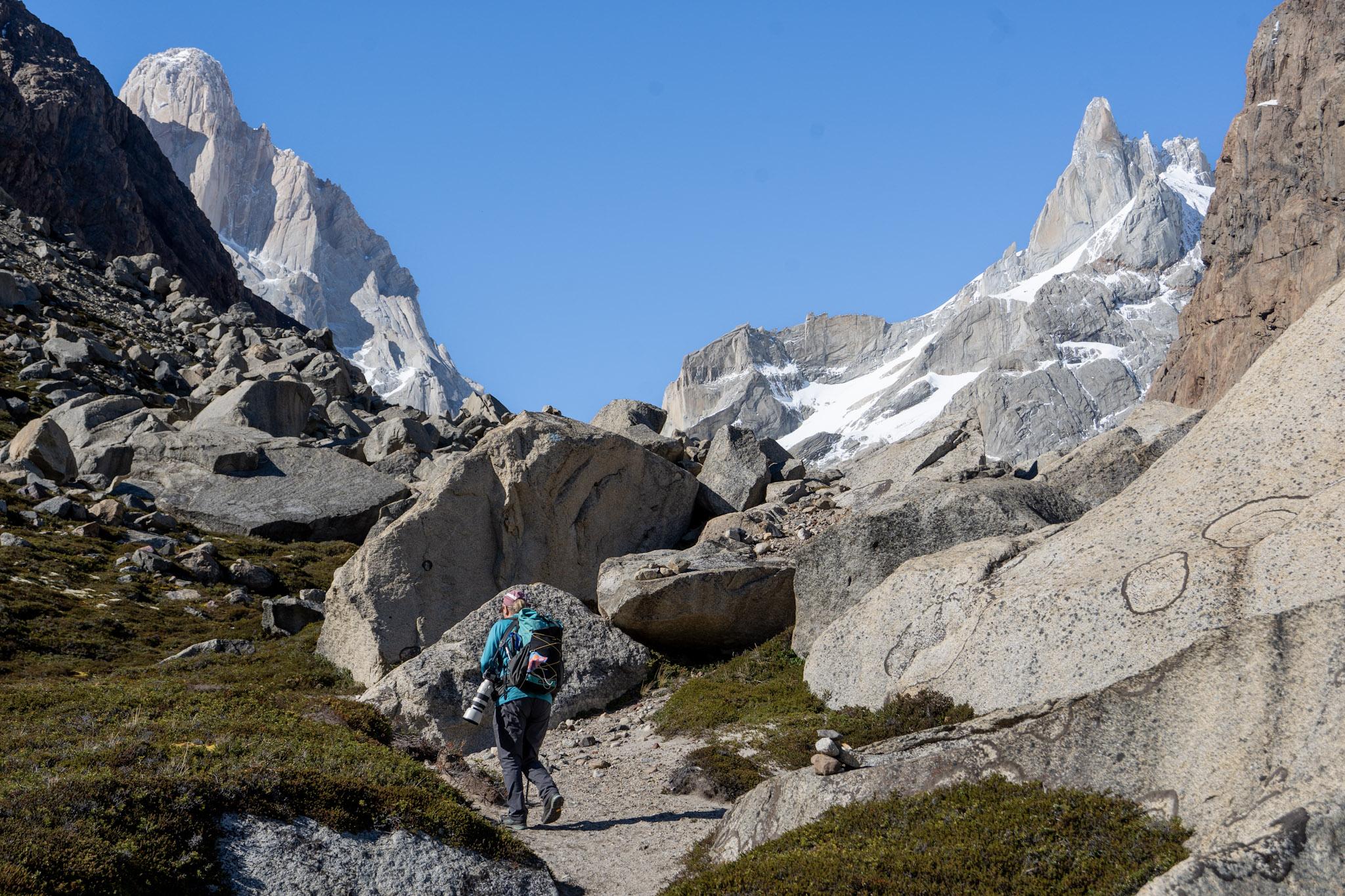 Approaching Laguna Pollone with Fitz Roy to the left and Cerro Pollone to the right.