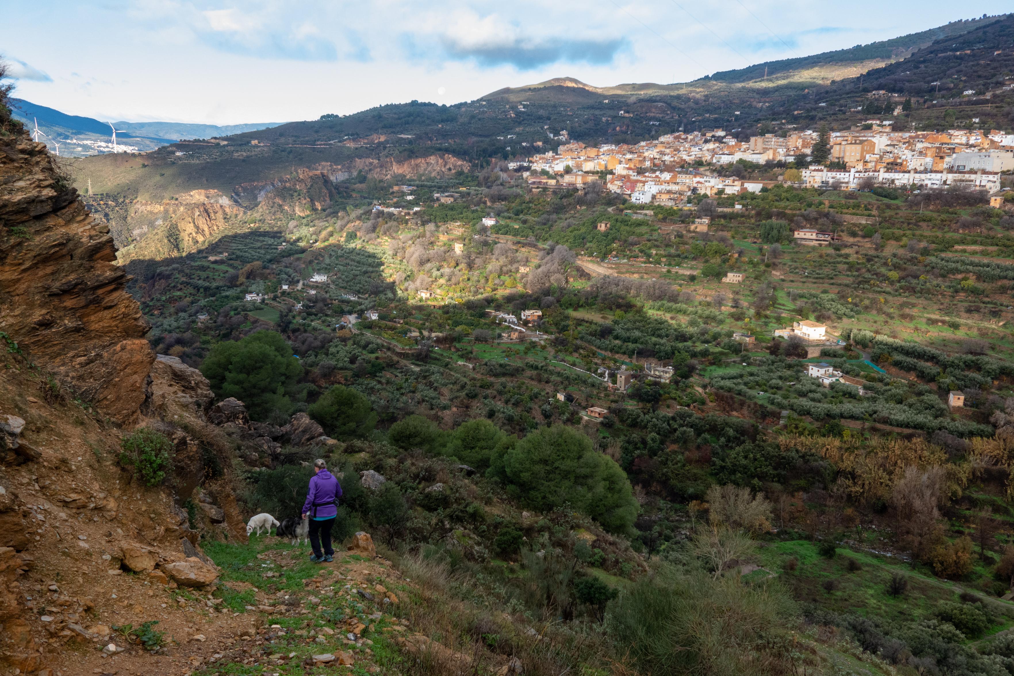 A person in purple with white dog descends slope to the left. Beyond in deep green valley. Town on hillside opposite