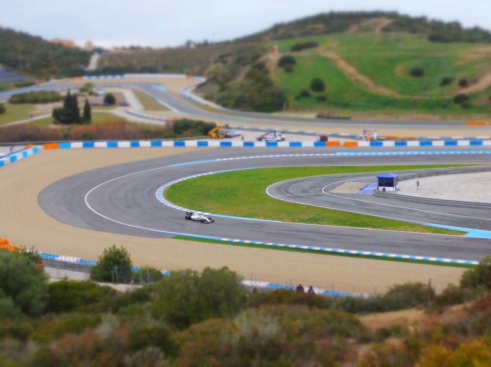 A F1 racing car takes a corner at Jerez racetrack, Spain.