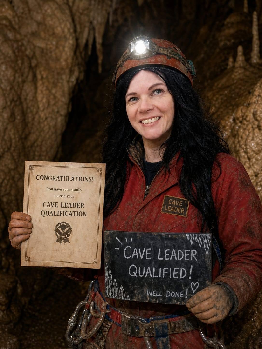 A lady in a red cave suit proudly displays her qualifications as a cave leader