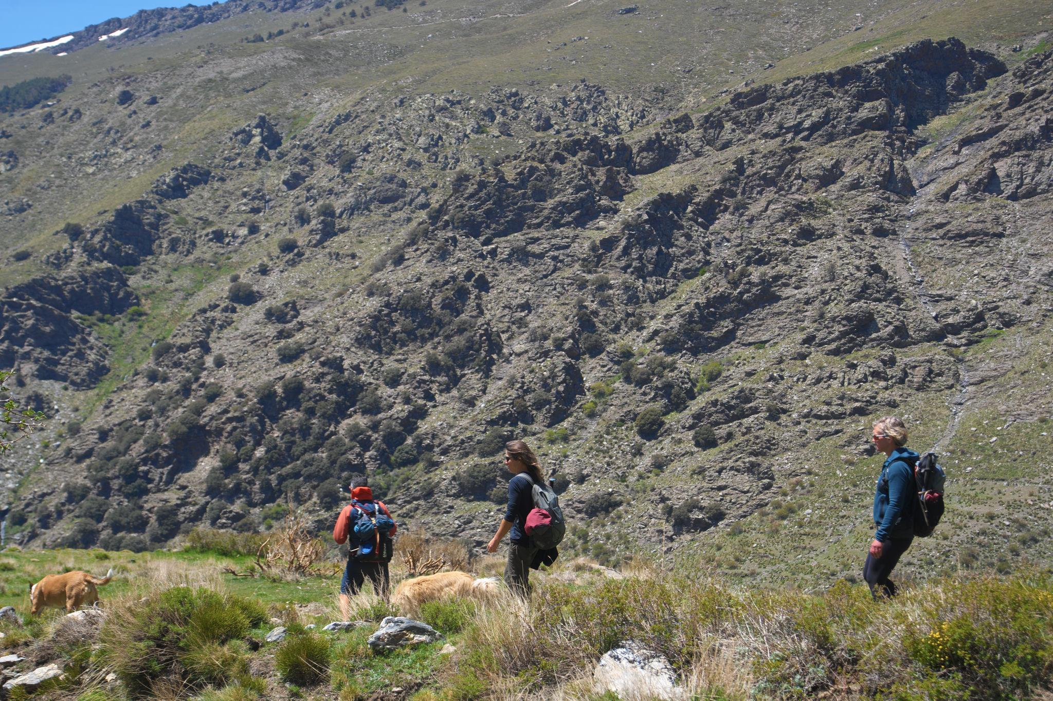 Three hikers pass along a grassy track with a green and rocky hillside rising beyond a deep valley